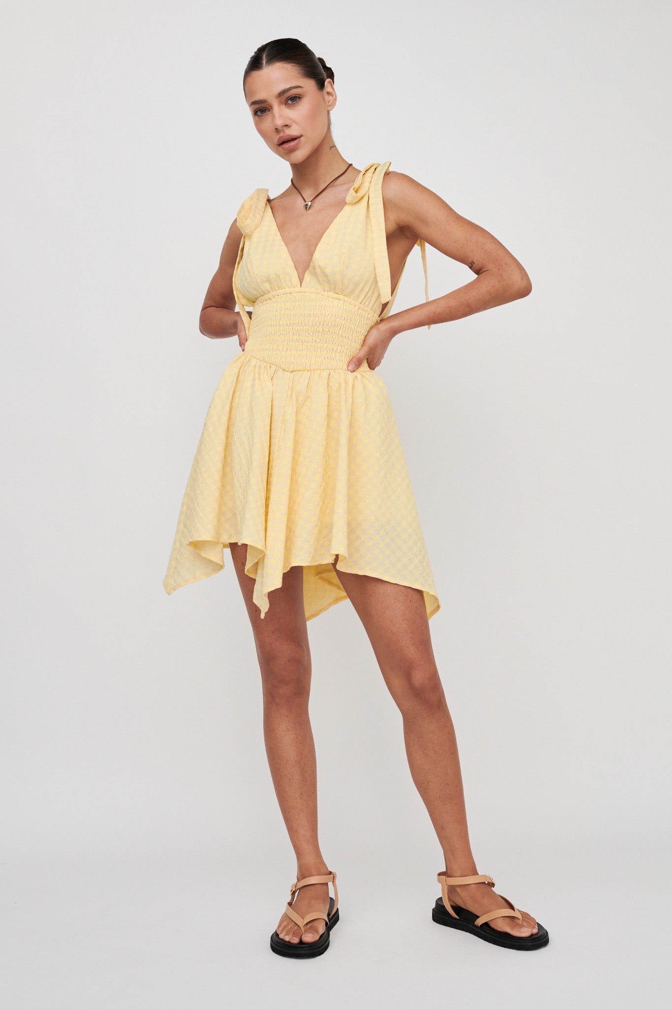 Lido Tied Shoulder Shirred Romper Lemon by Selfie Leslie Australia