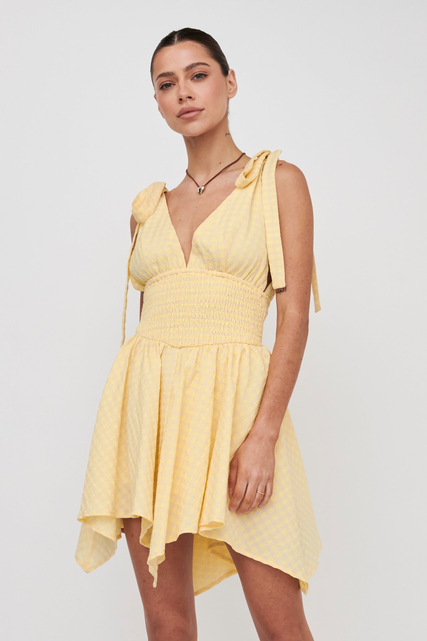 Lido Tied Shoulder Shirred Romper Lemon by Selfie Leslie Australia