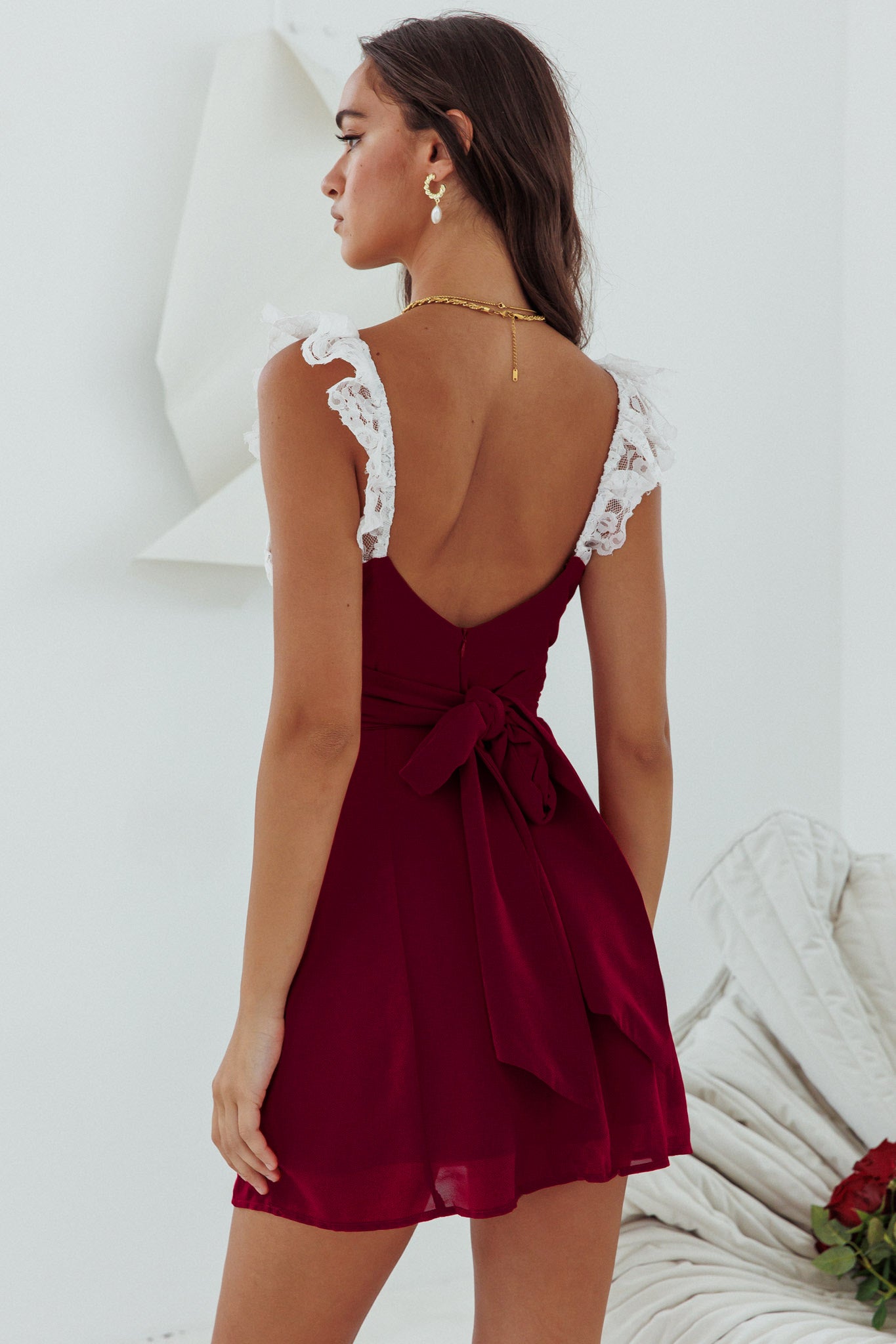 Lakyn Lace Bust Tied Back Mini Dress Wine by Selfie Leslie Australia
