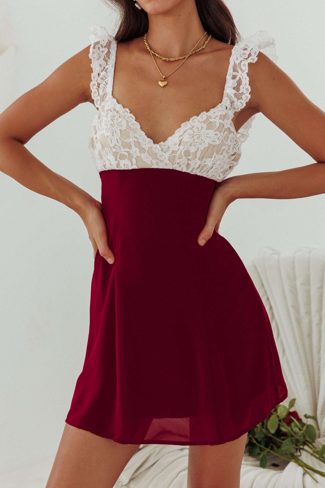 Lakyn Lace Bust Tied Back Mini Dress Wine by Selfie Leslie Australia