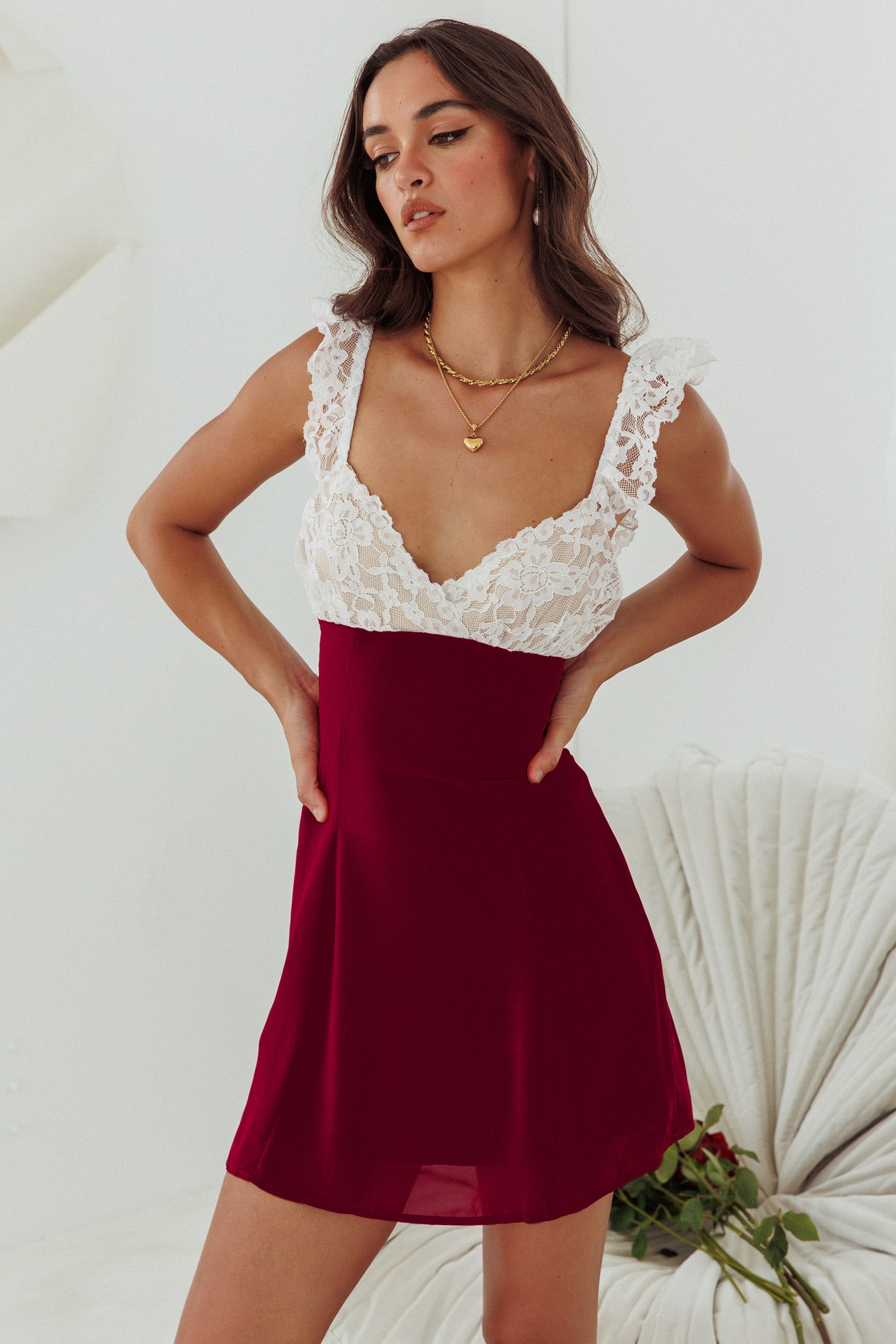 Lakyn Lace Bust Tied Back Mini Dress Wine by Selfie Leslie Australia