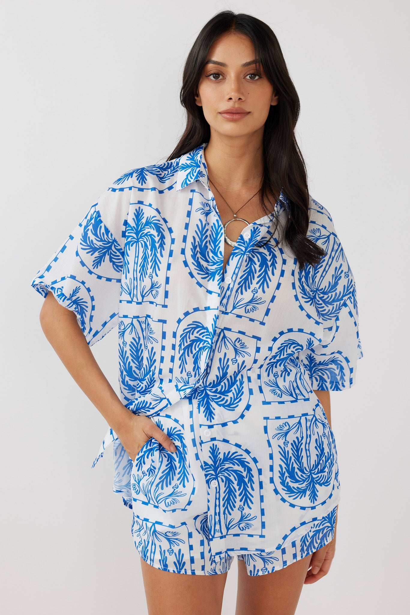 Cora Elastic Waist Shorts Print Blue White by Selfie Leslie Australia