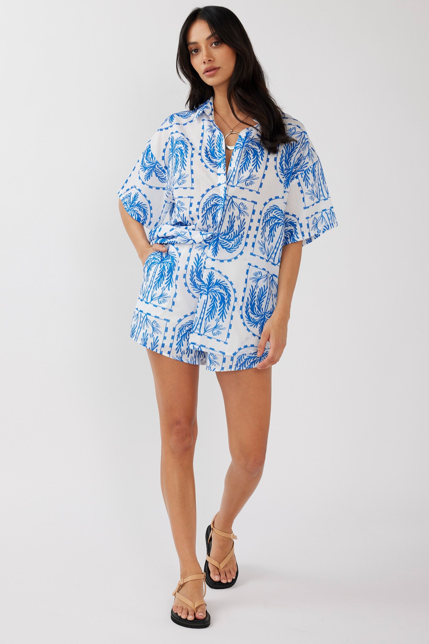Cora Elastic Waist Shorts Print Blue White by Selfie Leslie Australia