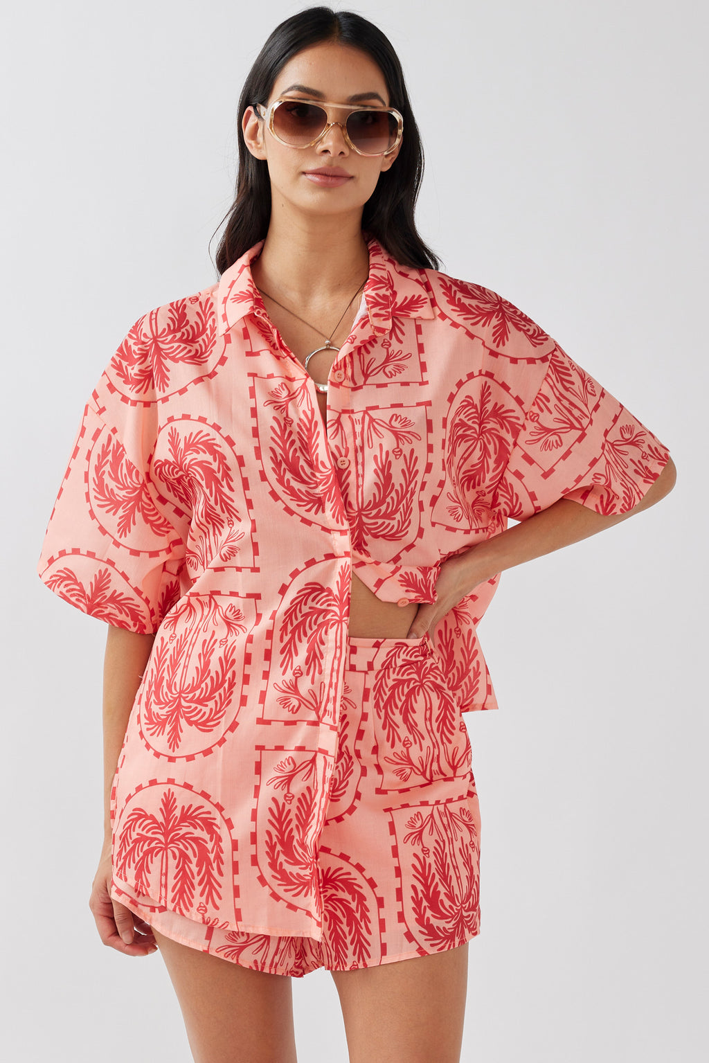 Cora Elastic Waist Shorts Print Red Salmon by Selfie Leslie Australia