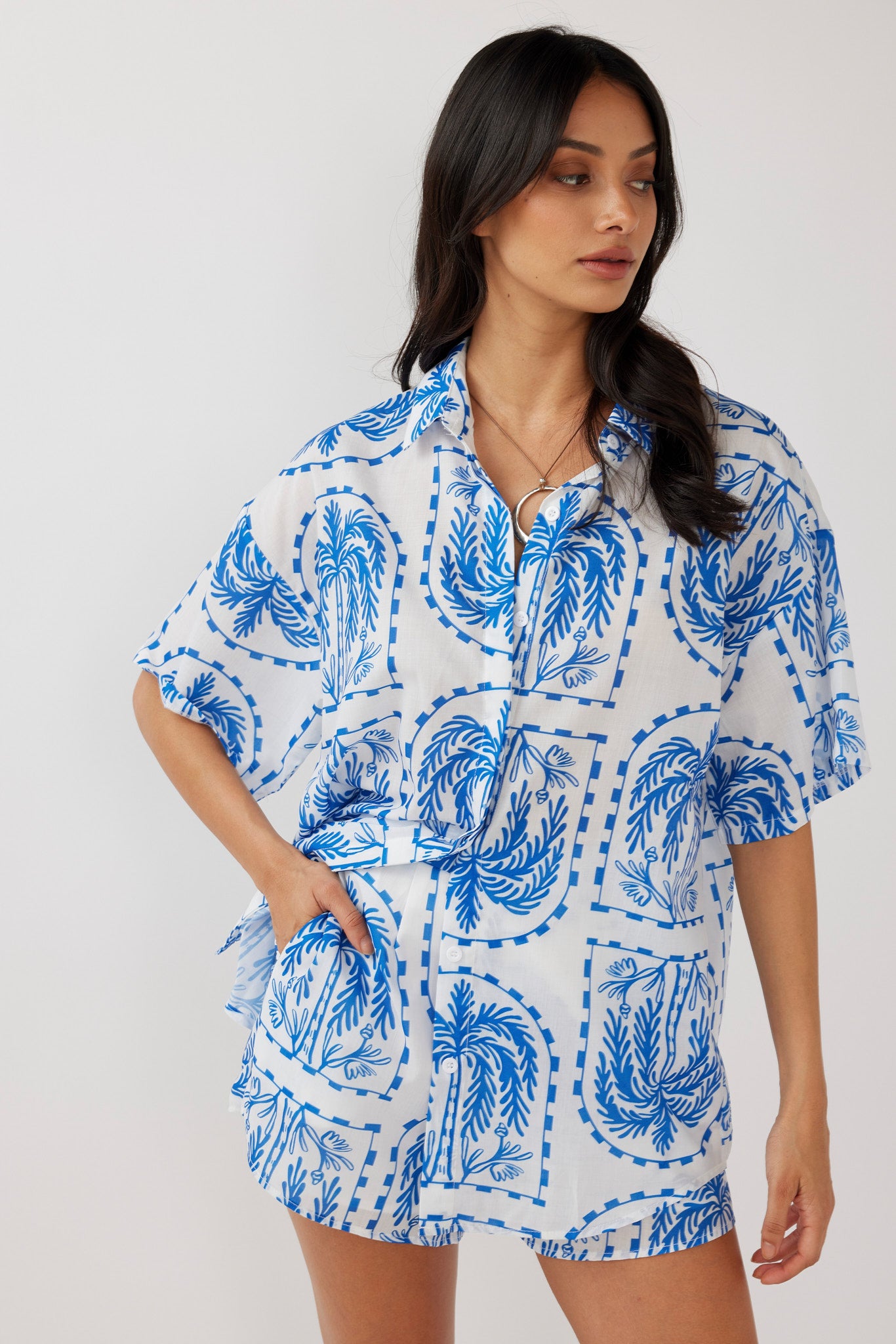Cora Button-Up Shirt Print Blue White by Selfie Leslie Australia