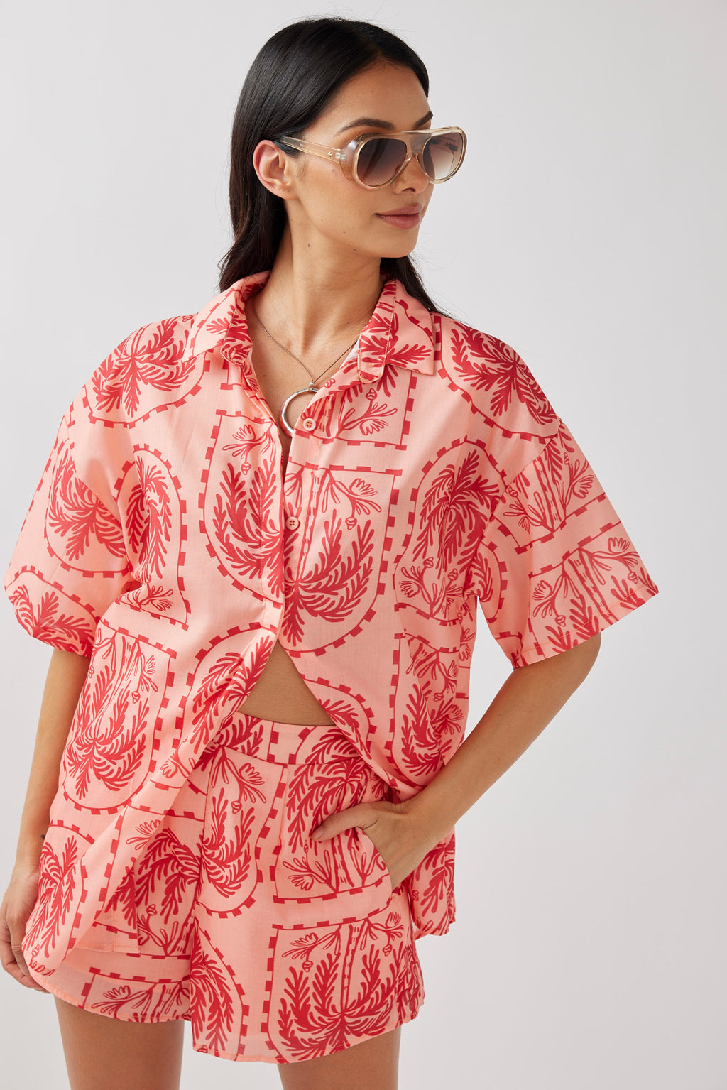 Cora Button-Up Shirt Print Red Salmon by Selfie Leslie Australia