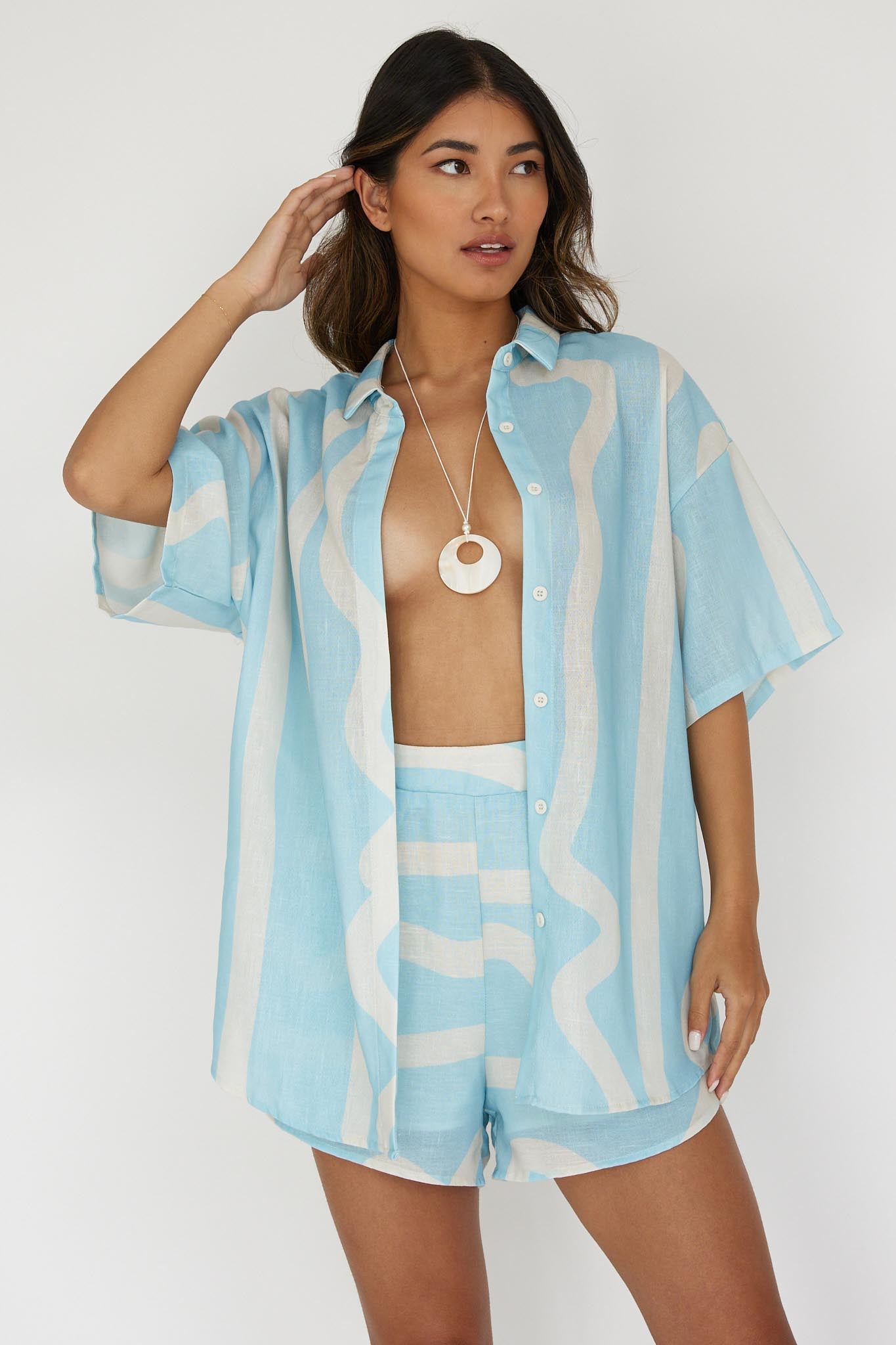 Cora Button-Up Shirt Print Baby Blue by Selfie Leslie Australia