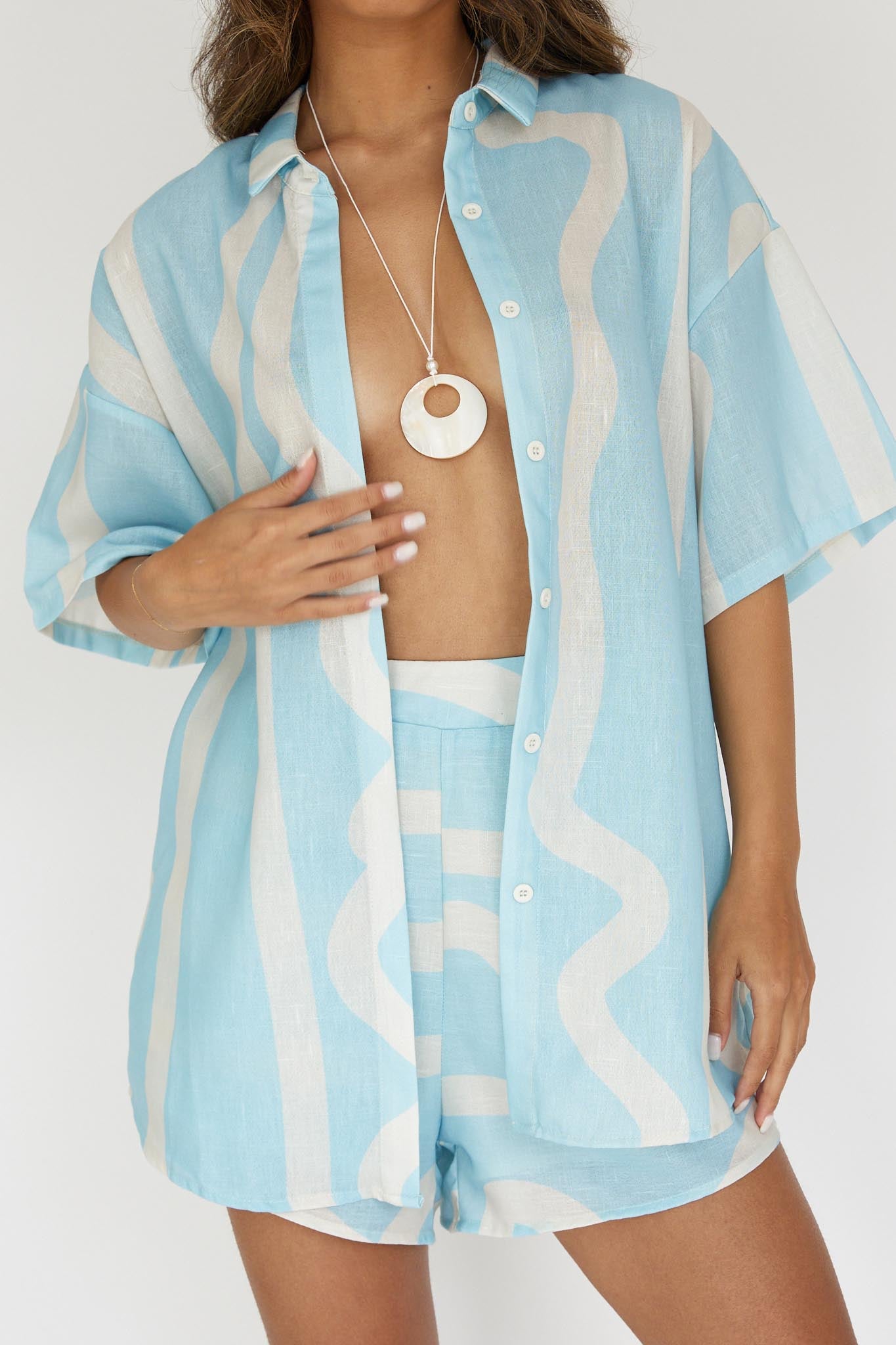 Cora Button-Up Shirt Print Baby Blue by Selfie Leslie Australia