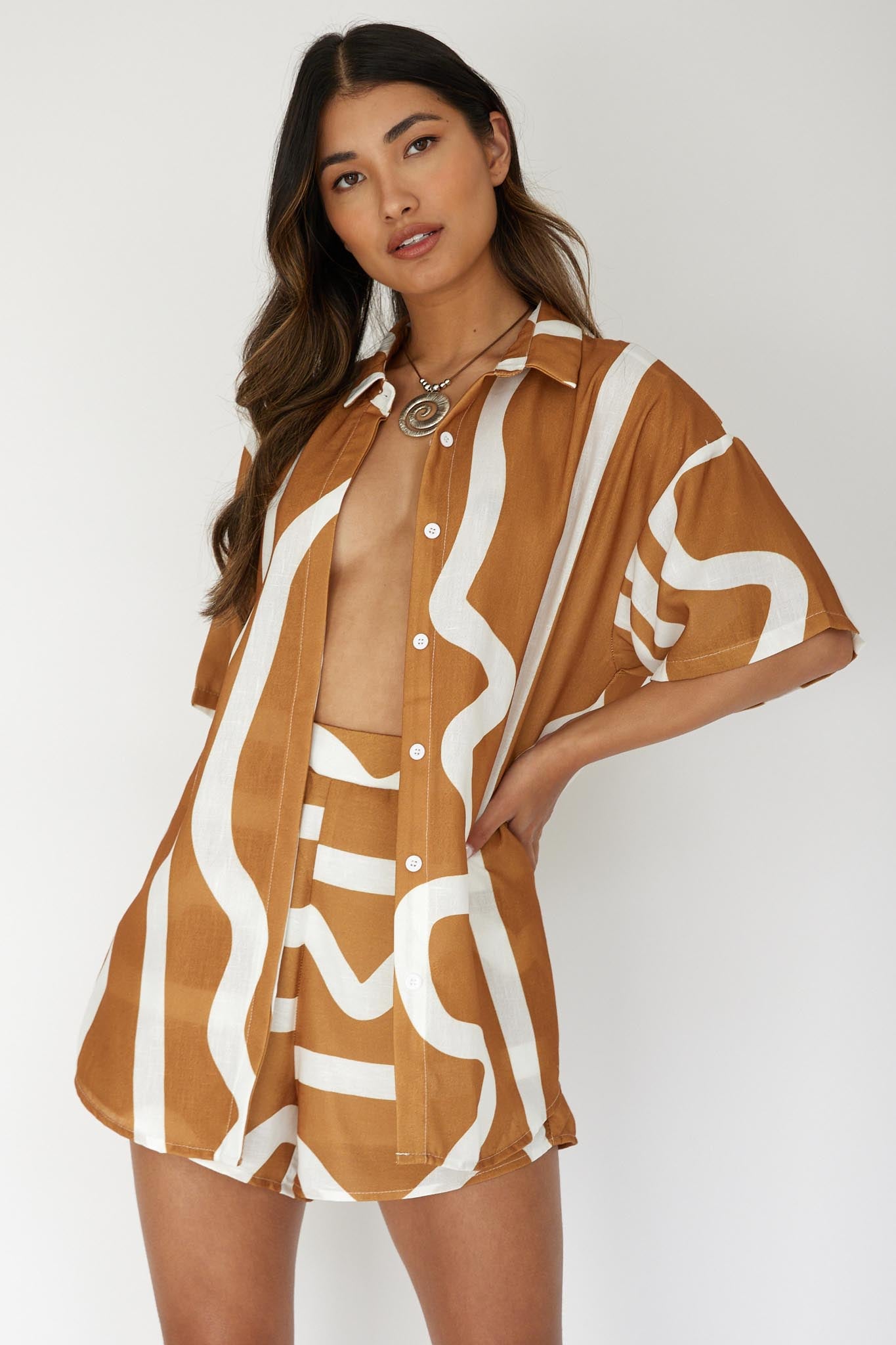 Cora Button-Up Shirt Print Tan by Selfie Leslie Australia