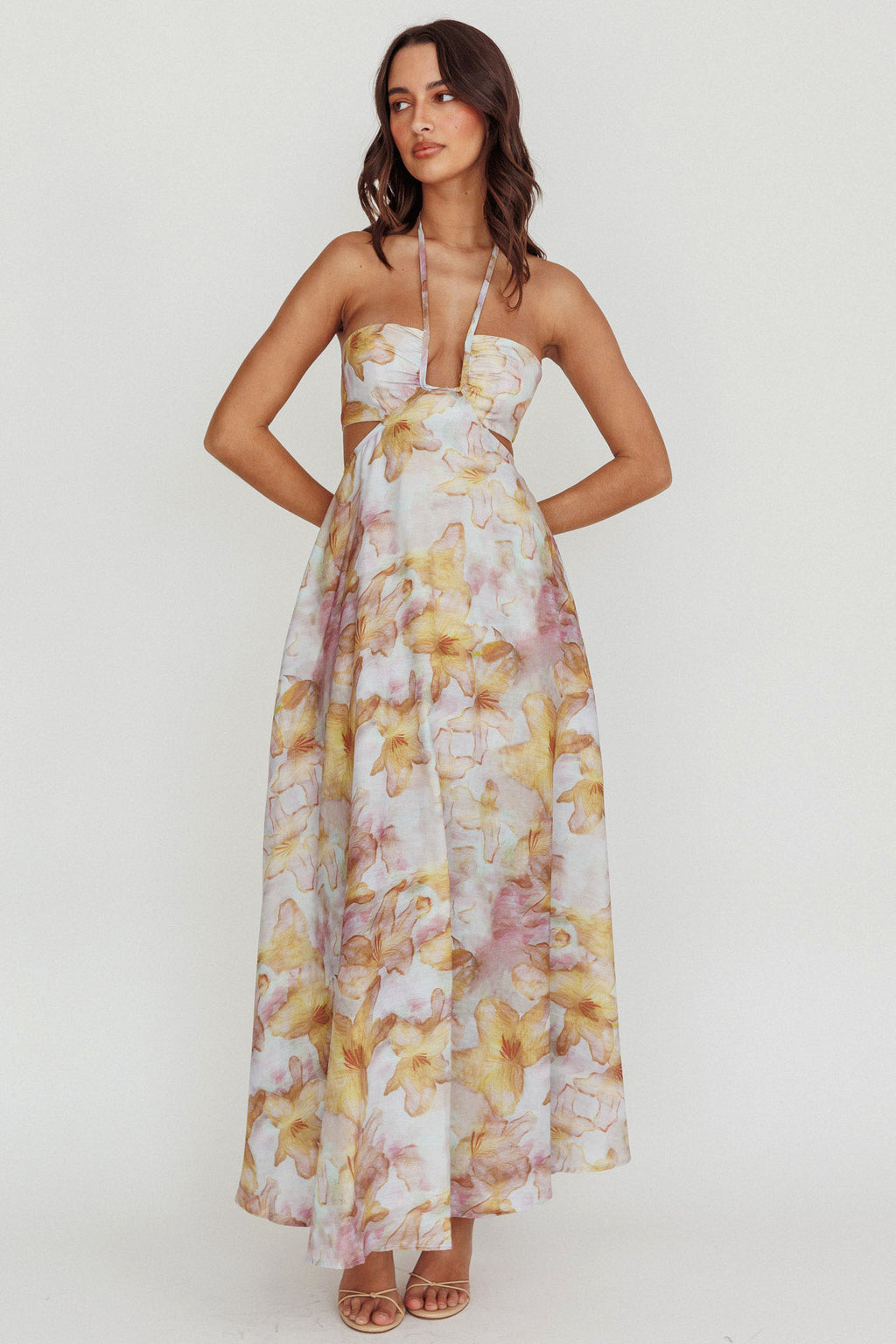 Onika Cut-Out Tied Back Floral Maxi Dress Yellow by Selfie Leslie Australia