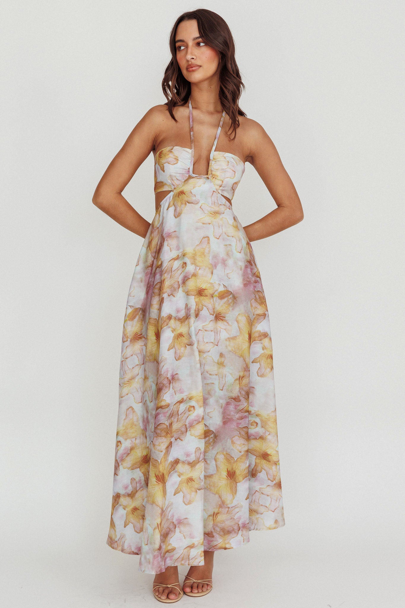 Onika Cut-Out Tied Back Floral Maxi Dress Yellow by Selfie Leslie Australia