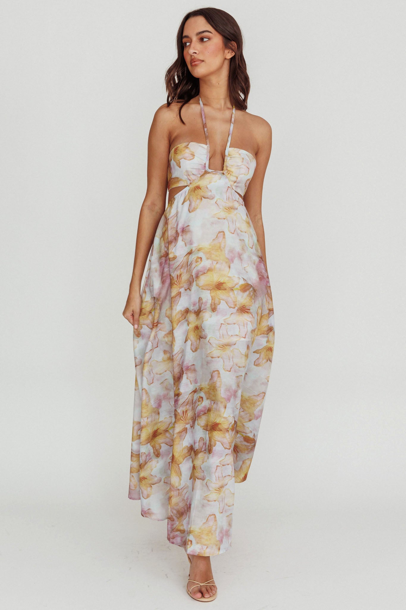 Onika Cut-Out Tied Back Floral Maxi Dress Yellow by Selfie Leslie Australia