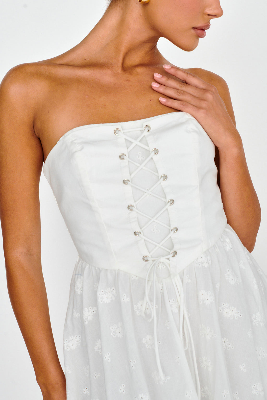 Mon Petit Lace-Up Bodice Mini Dress White by Selfie Leslie Australia