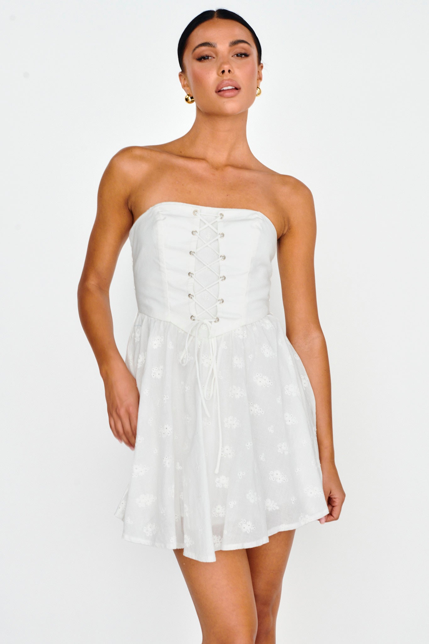Mon Petit Lace-Up Bodice Mini Dress White by Selfie Leslie Australia