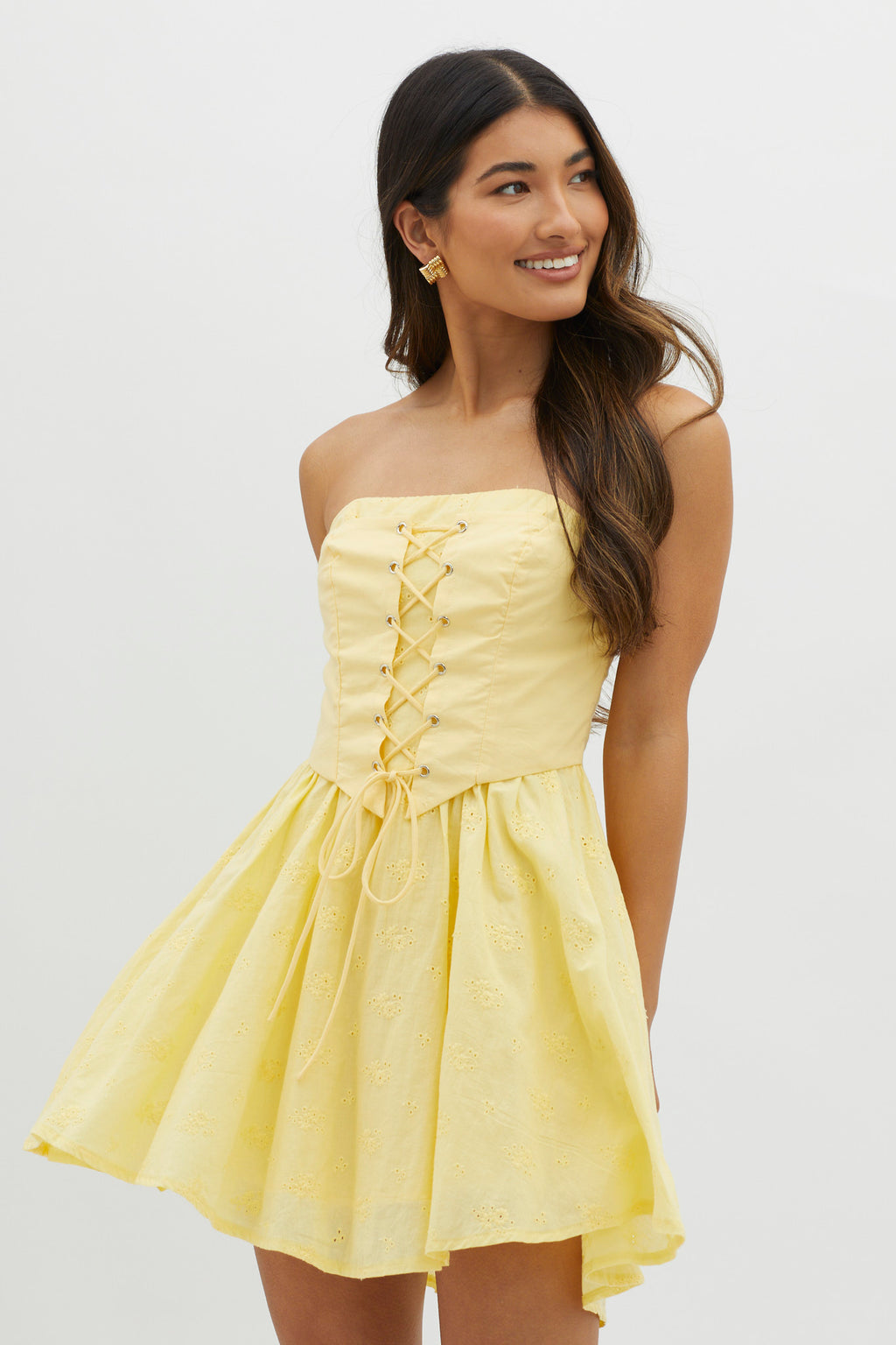 Mon Petit Lace-Up Bodice Mini Dress Yellow by Selfie Leslie Australia