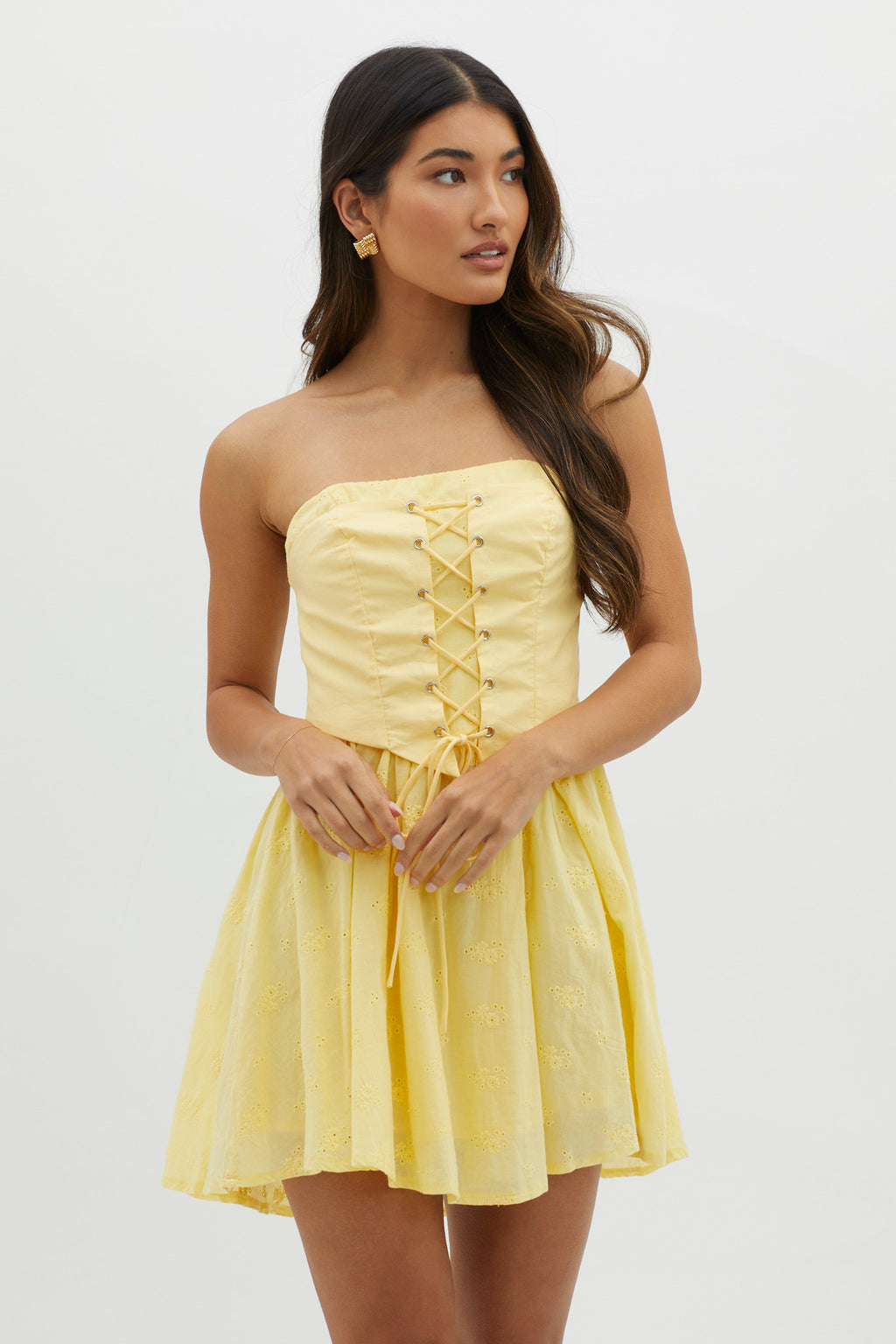 Mon Petit Lace-Up Bodice Mini Dress Yellow by Selfie Leslie Australia