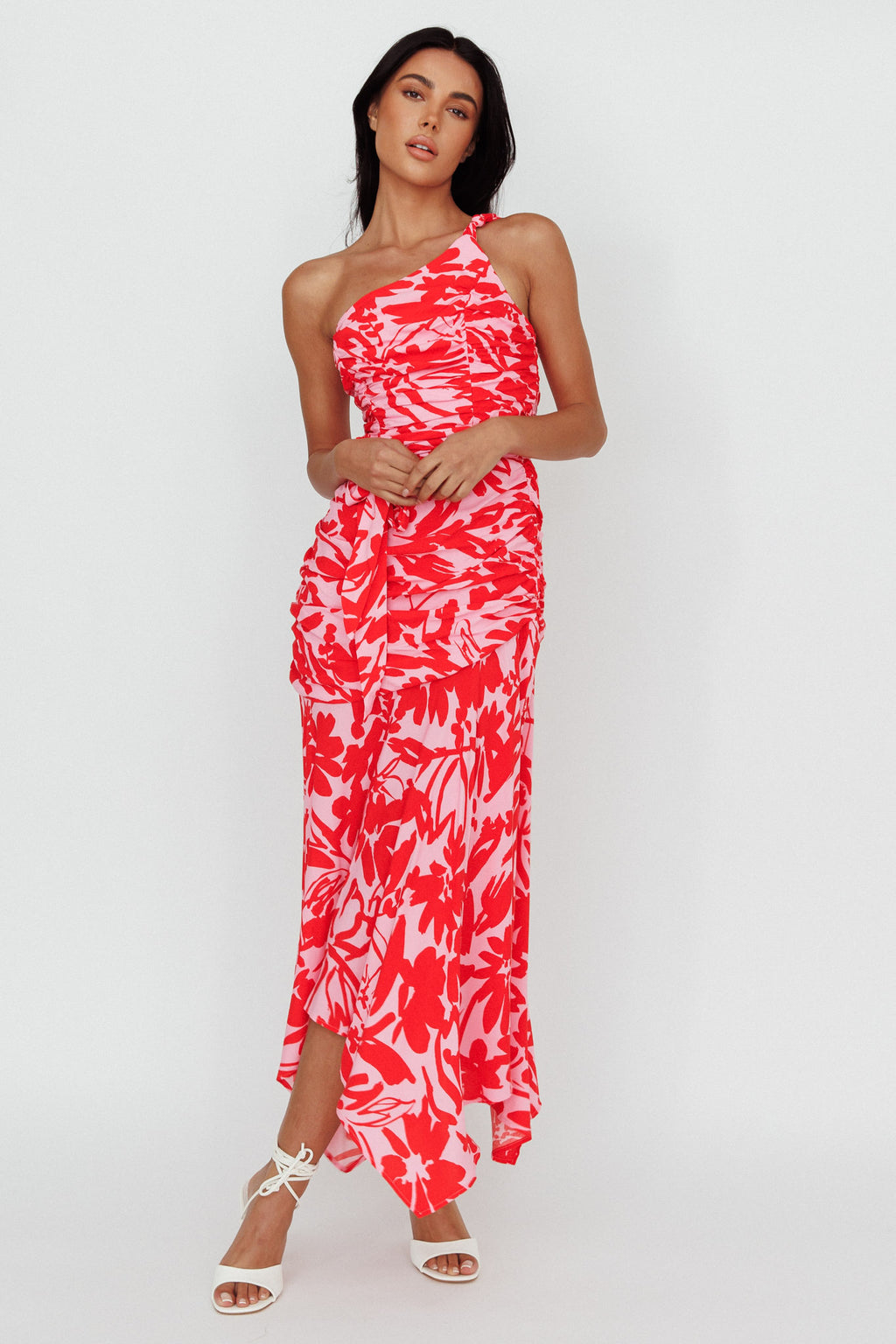 Chandler One-Shoulder Ruched Midi Dress Pink by Selfie Leslie Australia