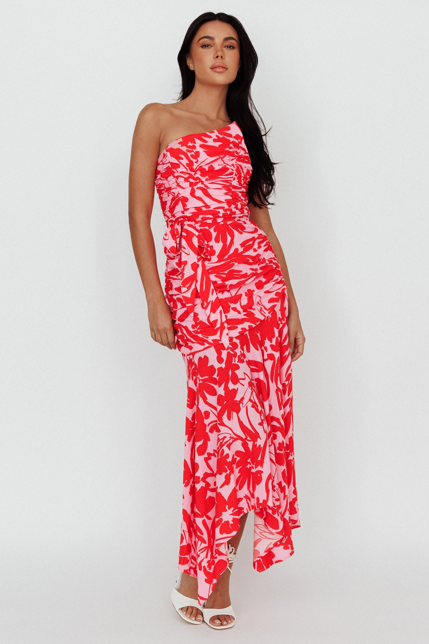 Chandler One-Shoulder Ruched Midi Dress Pink by Selfie Leslie Australia