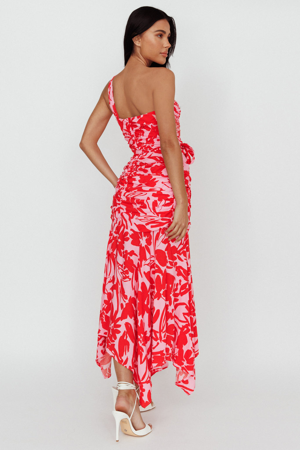 Chandler One-Shoulder Ruched Midi Dress Pink by Selfie Leslie Australia