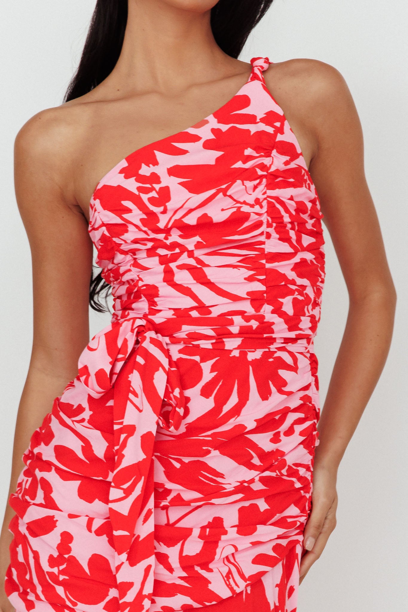 Chandler One-Shoulder Ruched Midi Dress Pink by Selfie Leslie Australia