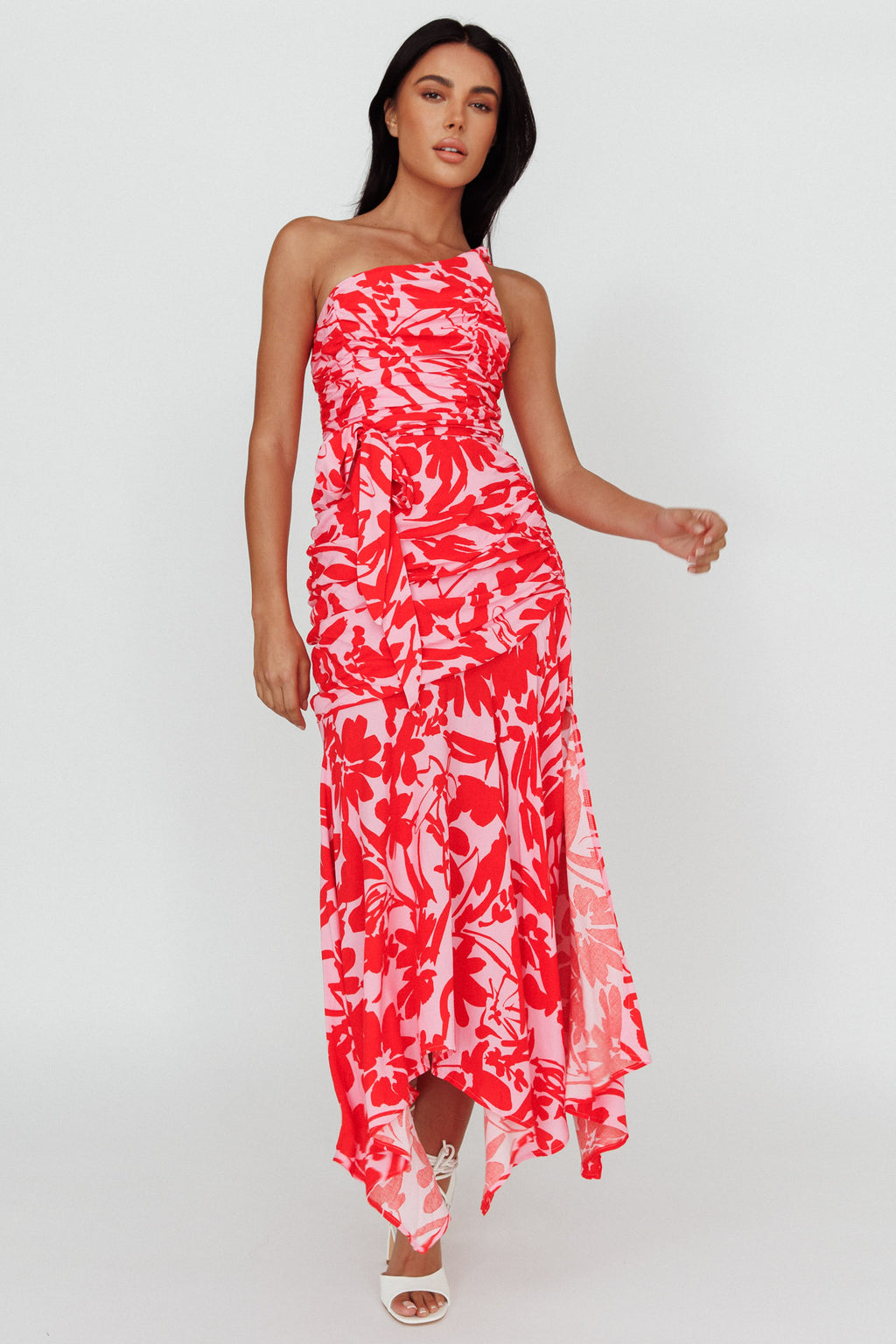 Chandler One-Shoulder Ruched Midi Dress Pink by Selfie Leslie Australia