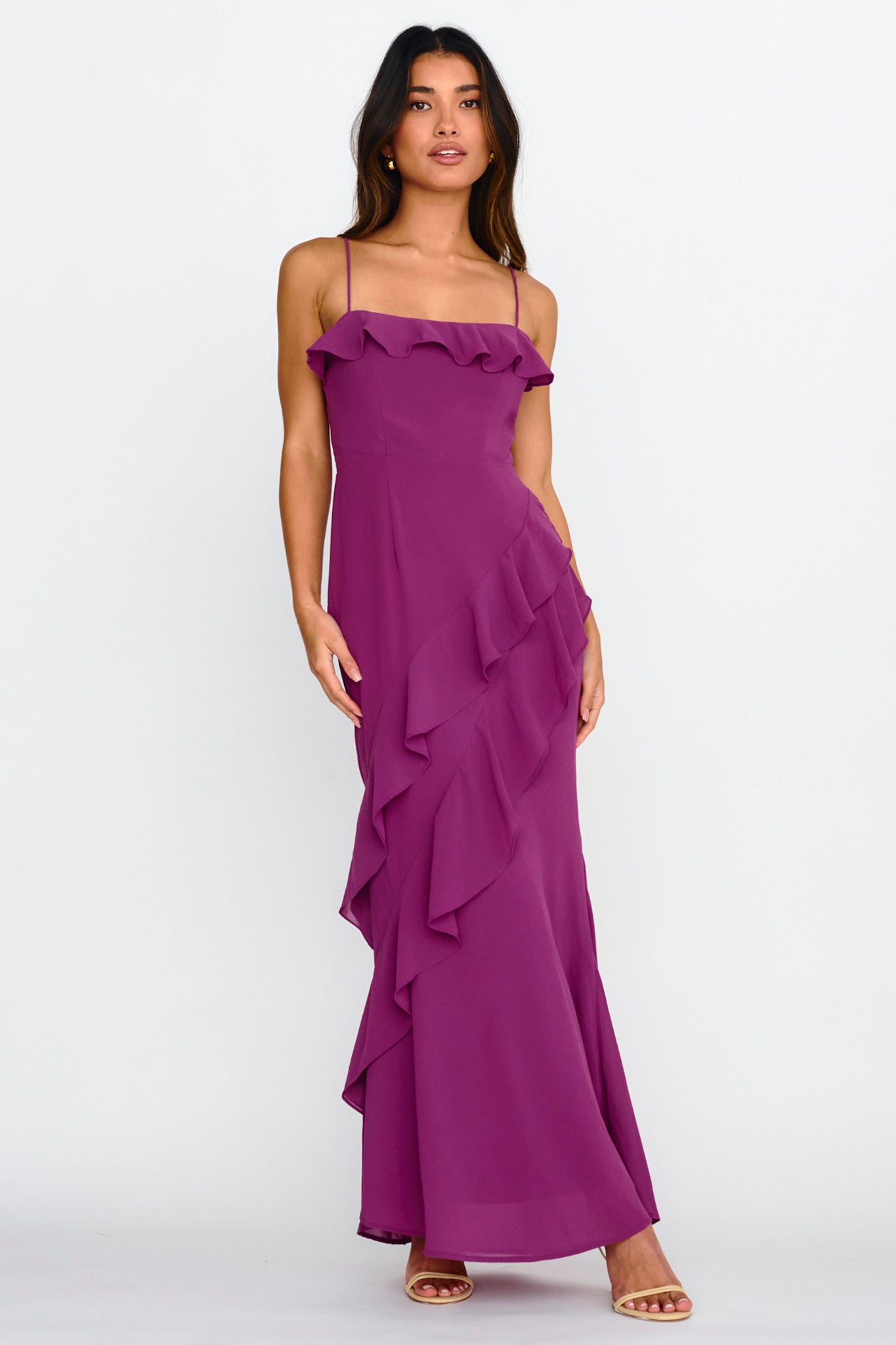 Actual Sunshine Ruffle Trim Maxi Dress Plum by Selfie Leslie Australia