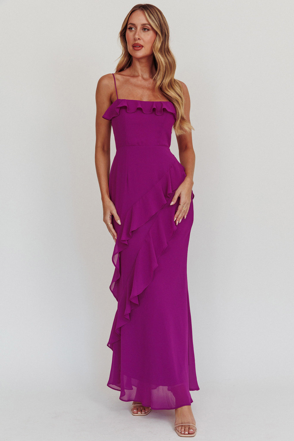 Actual Sunshine Ruffle Trim Maxi Dress Plum by Selfie Leslie Australia