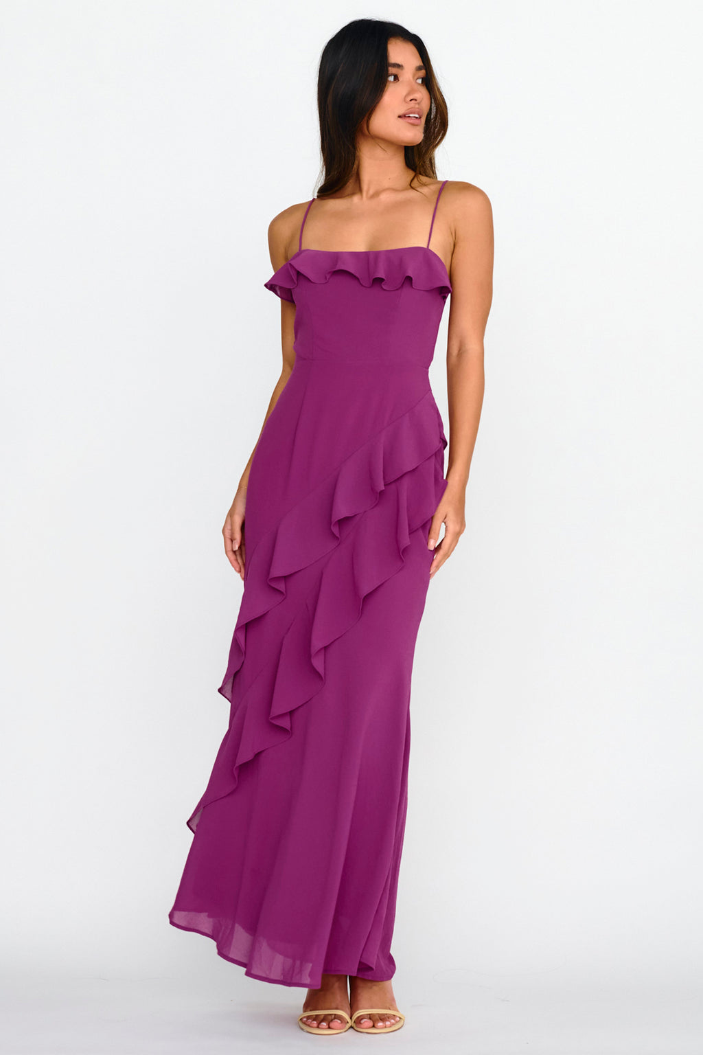 Actual Sunshine Ruffle Trim Maxi Dress Plum by Selfie Leslie Australia