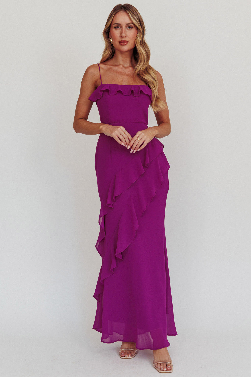 Actual Sunshine Ruffle Trim Maxi Dress Plum by Selfie Leslie Australia