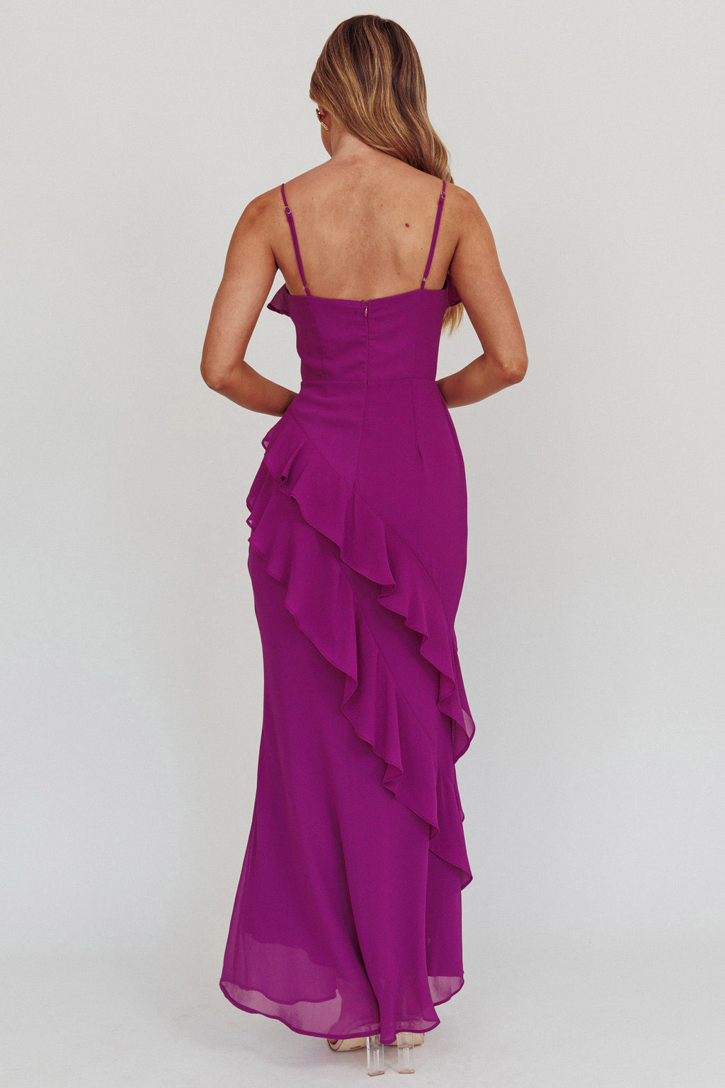 Actual Sunshine Ruffle Trim Maxi Dress Plum by Selfie Leslie Australia