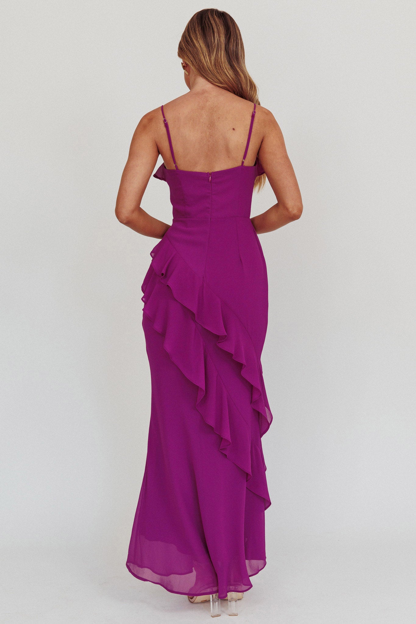 Actual Sunshine Ruffle Trim Maxi Dress Plum by Selfie Leslie Australia