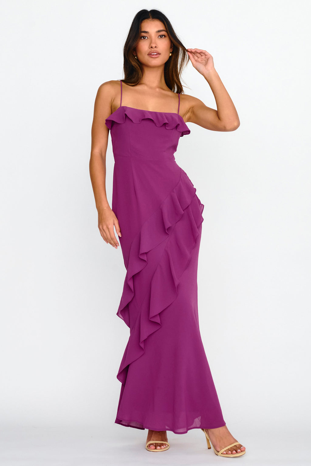 Actual Sunshine Ruffle Trim Maxi Dress Plum by Selfie Leslie Australia
