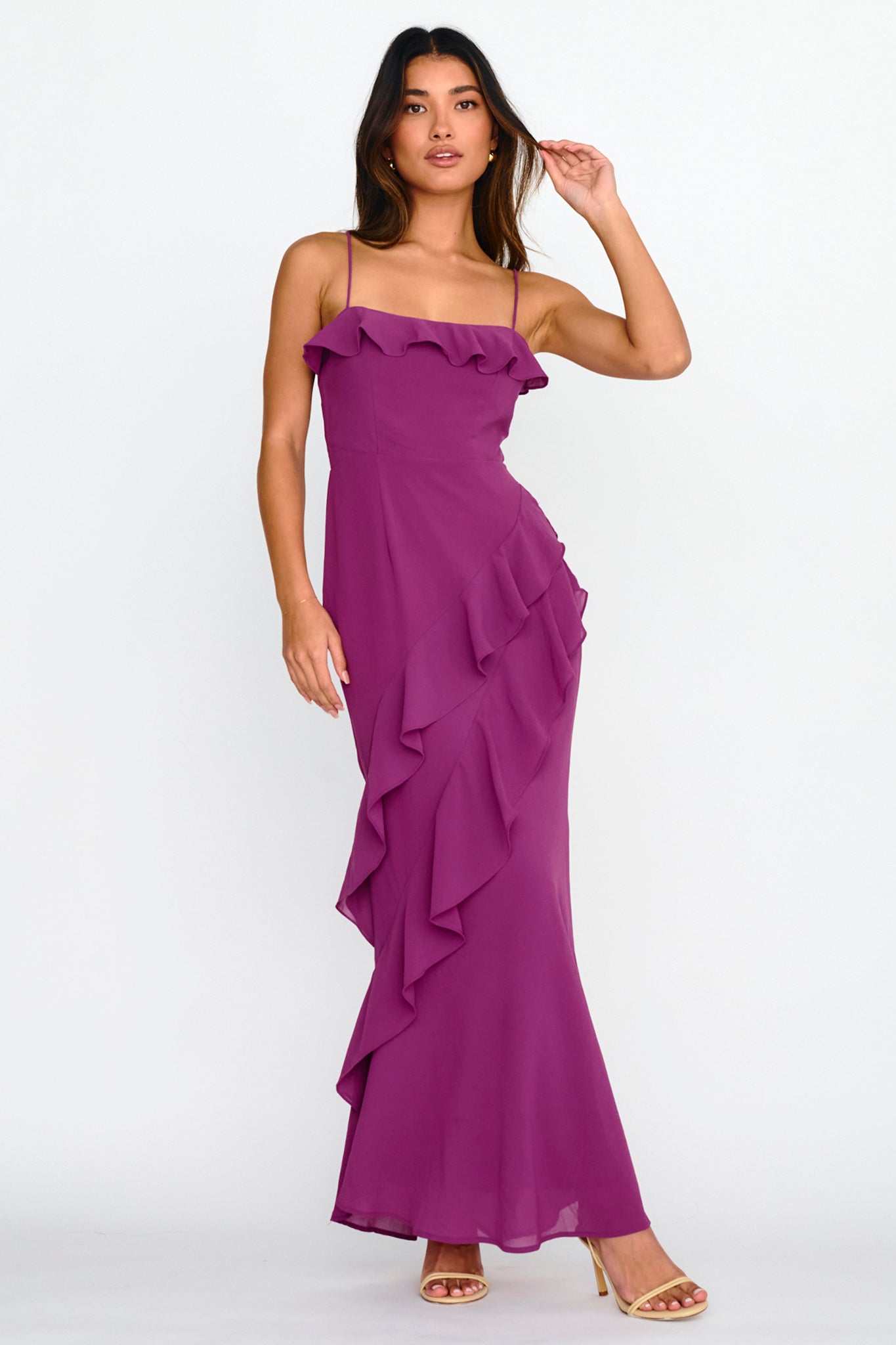 Actual Sunshine Ruffle Trim Maxi Dress Plum by Selfie Leslie Australia