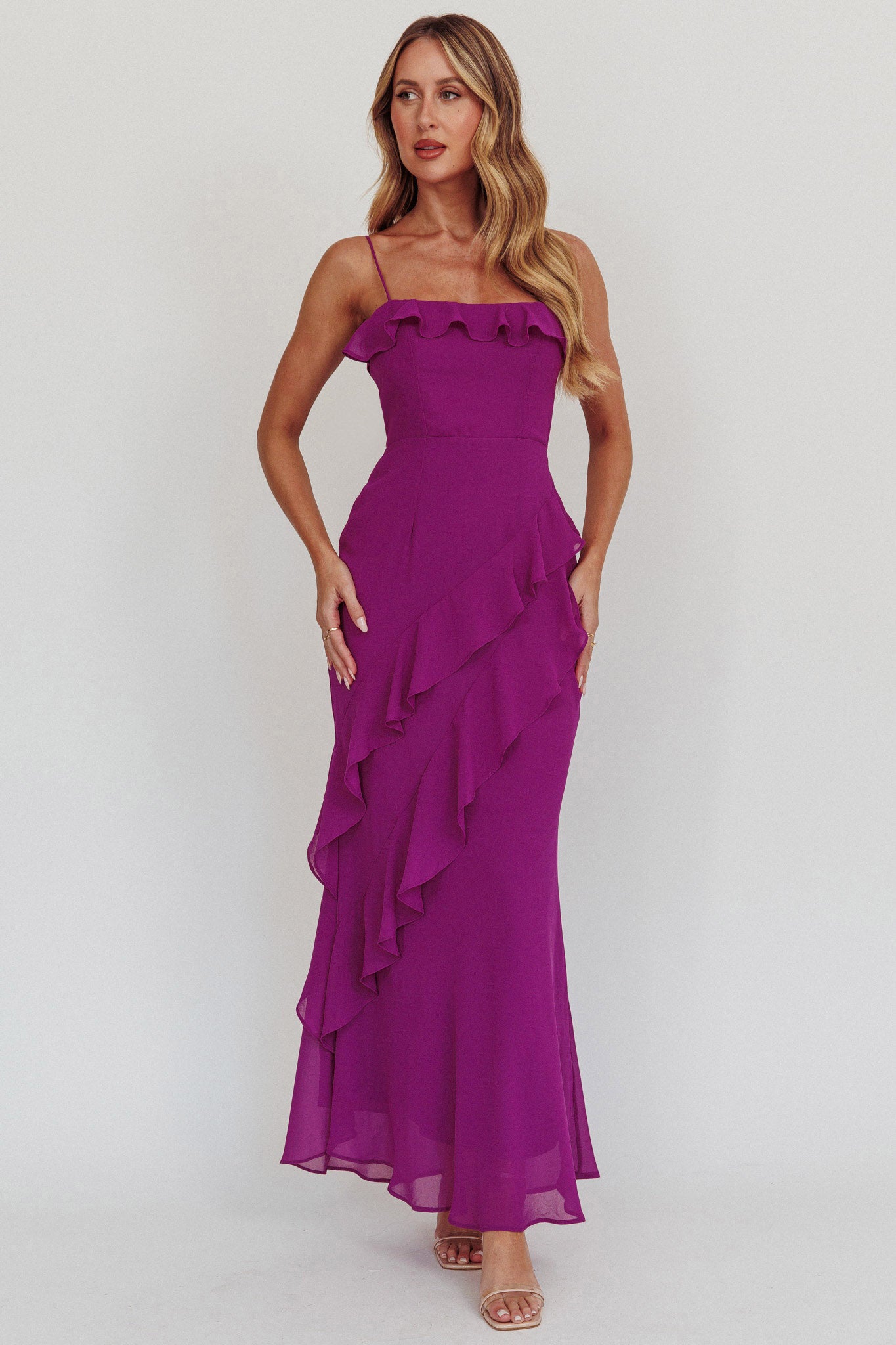 Actual Sunshine Ruffle Trim Maxi Dress Plum by Selfie Leslie Australia