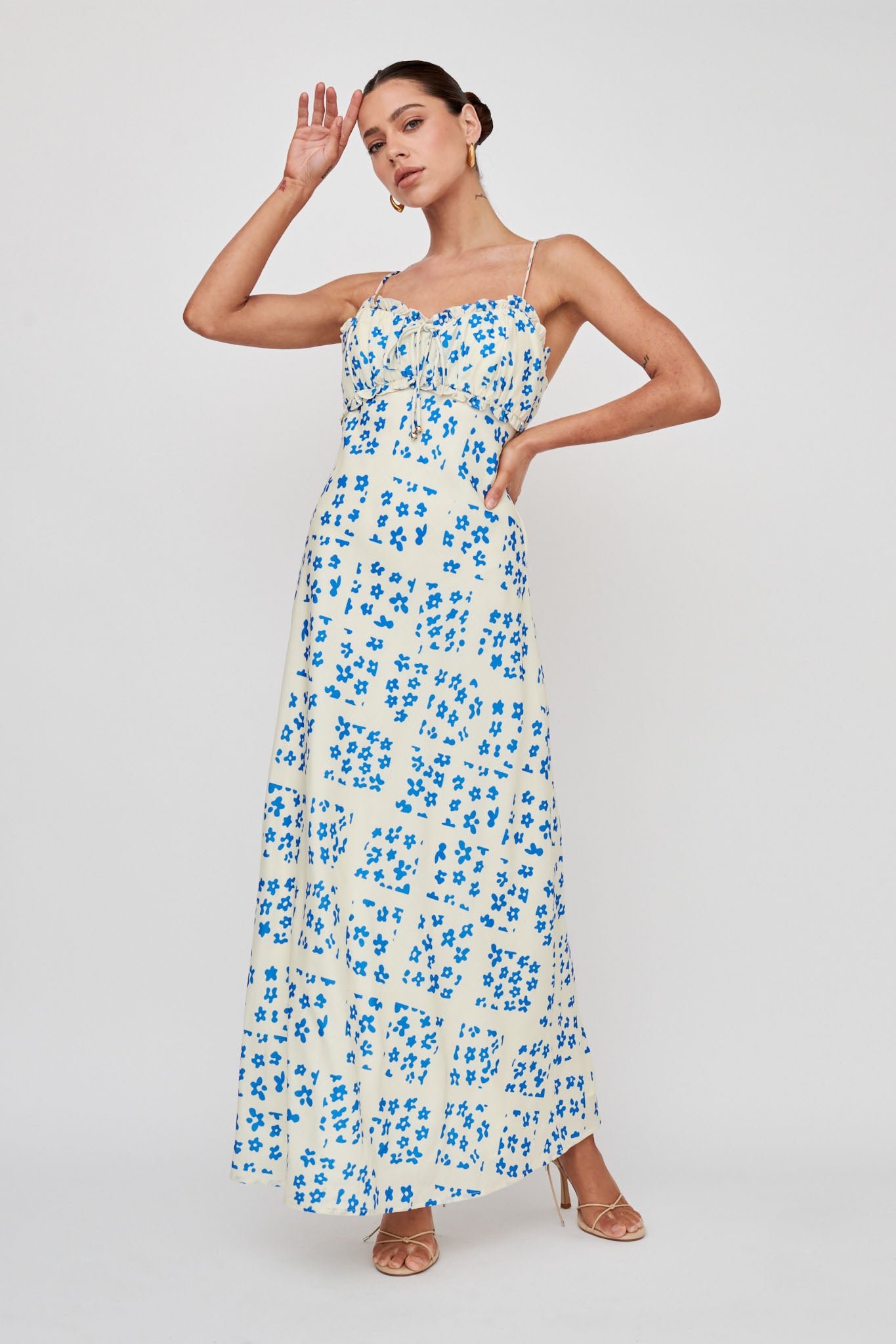 Anja Frill Trim Maxi Dress Print Cream Blue by Selfie Leslie Australia