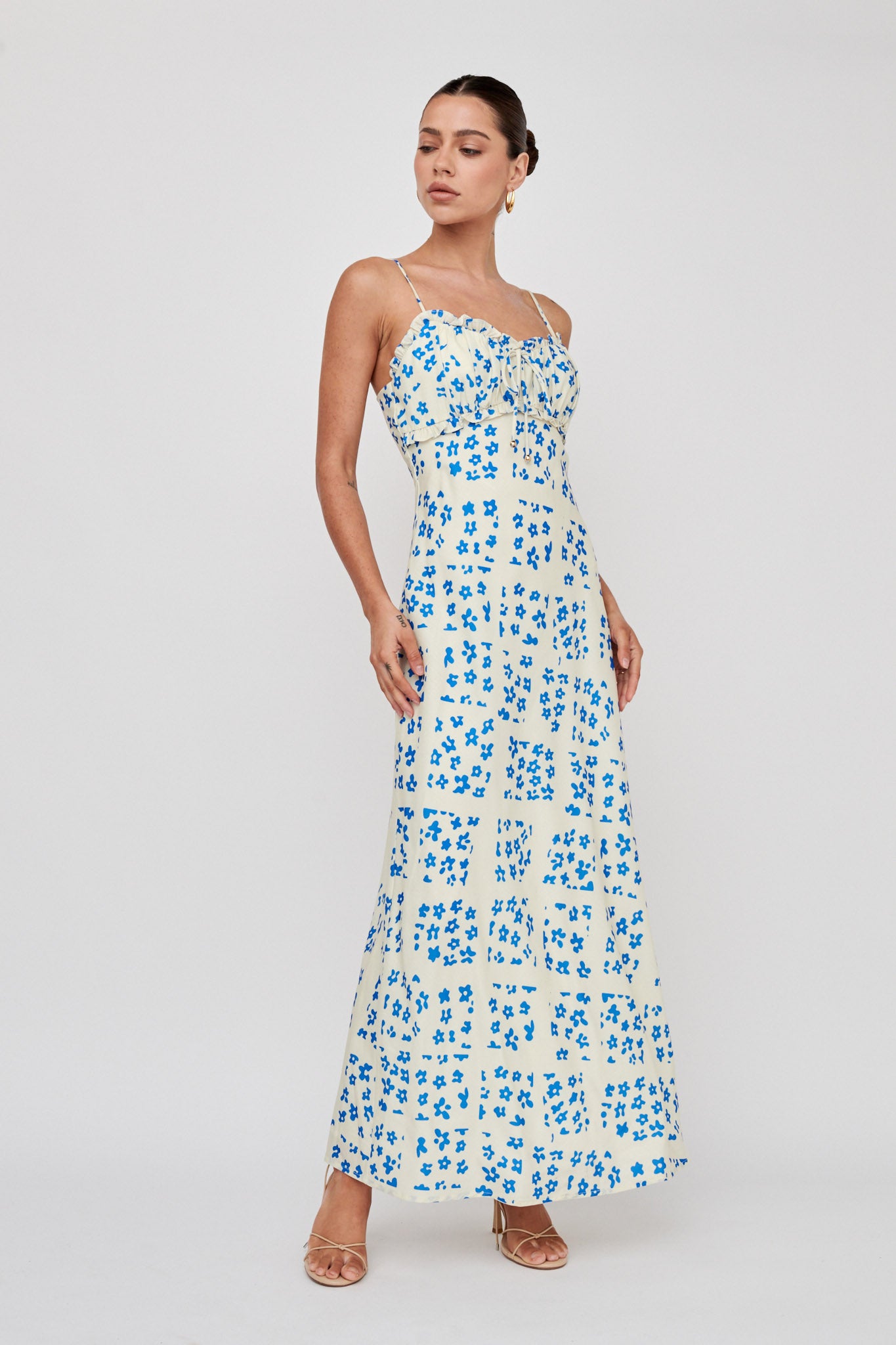 Anja Frill Trim Maxi Dress Print Cream Blue by Selfie Leslie Australia