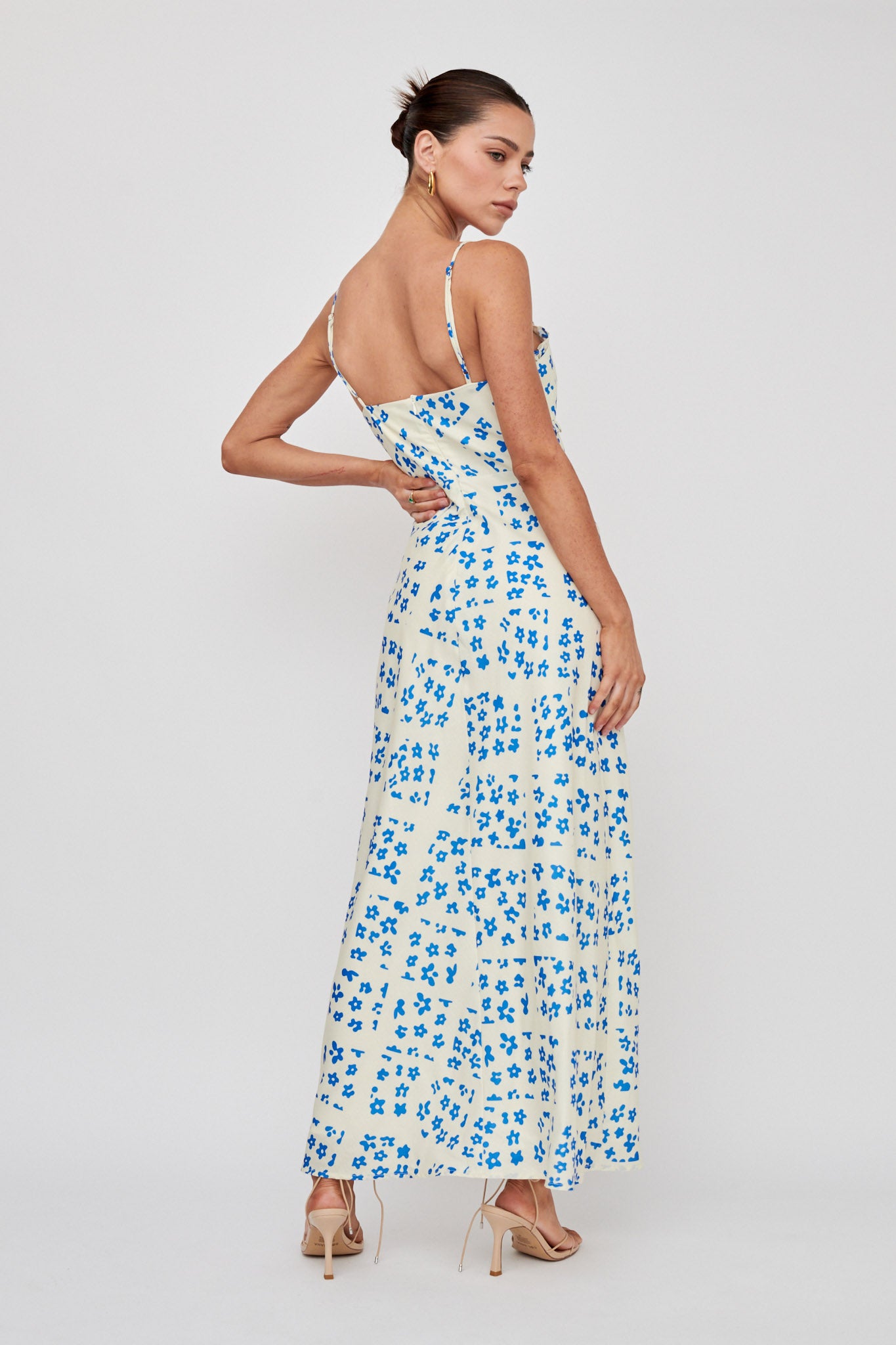 Anja Frill Trim Maxi Dress Print Cream Blue by Selfie Leslie Australia