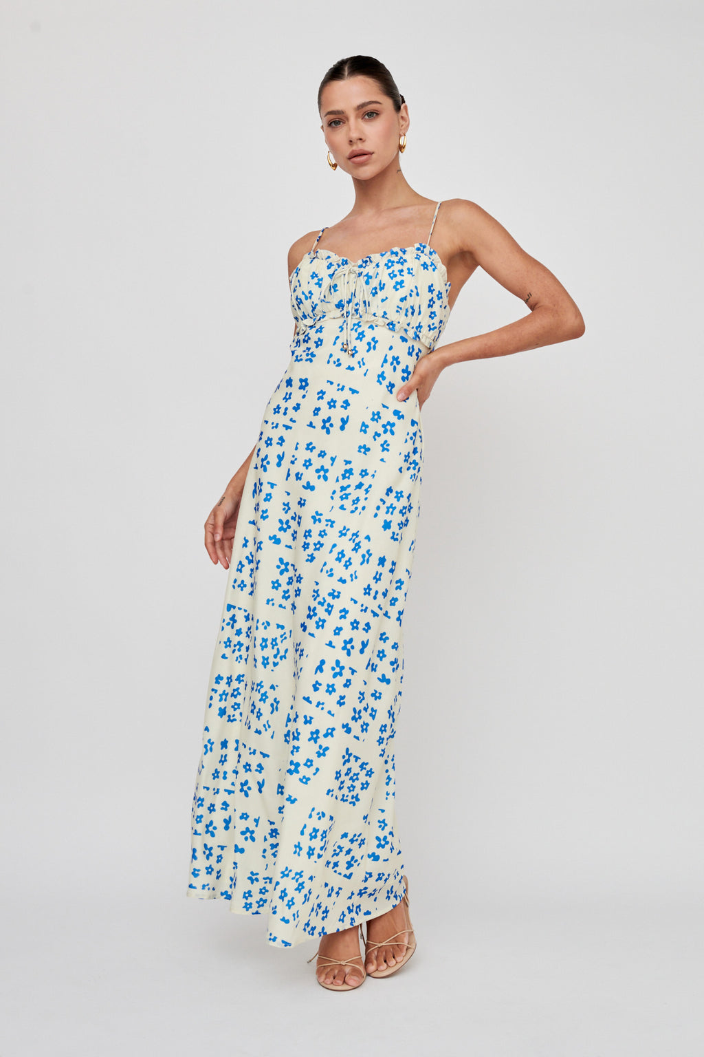 Anja Frill Trim Maxi Dress Print Cream Blue by Selfie Leslie Australia