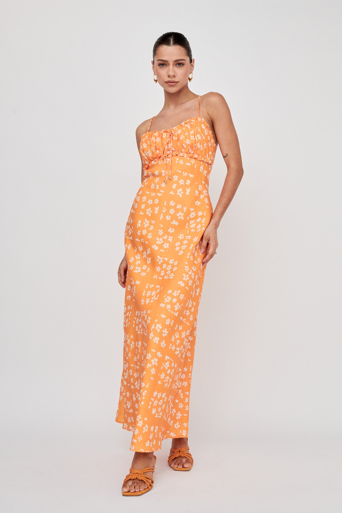 Anja Frill Trim Maxi Dress Print Orange White by Selfie Leslie Australia