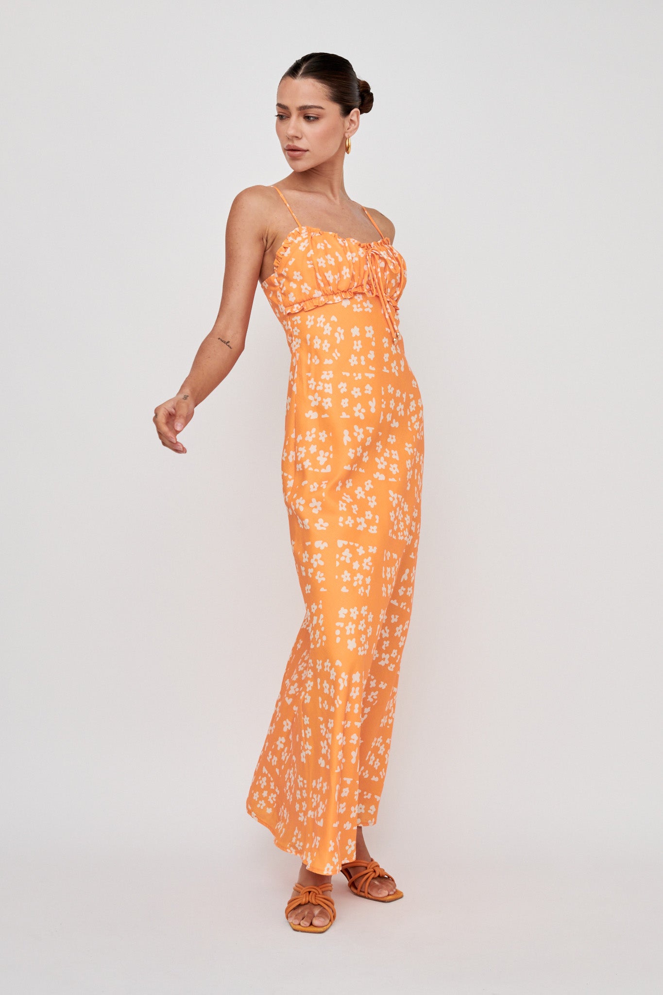 Anja Frill Trim Maxi Dress Print Orange White by Selfie Leslie Australia
