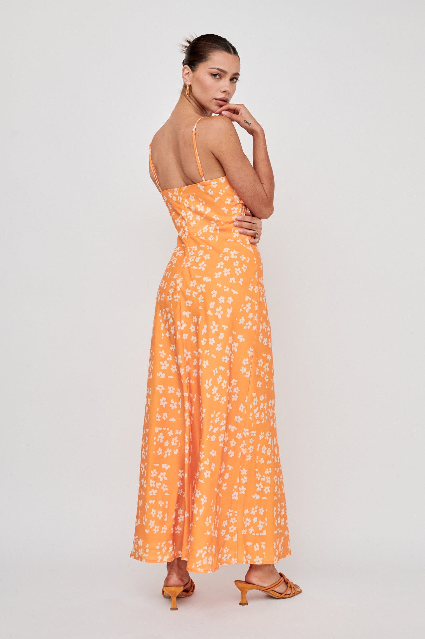 Anja Frill Trim Maxi Dress Print Orange White by Selfie Leslie Australia