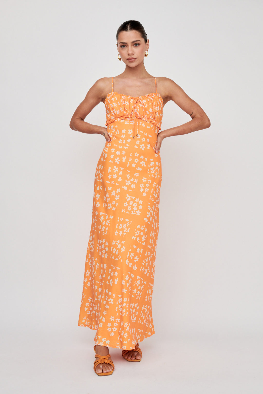 Anja Frill Trim Maxi Dress Print Orange White by Selfie Leslie Australia