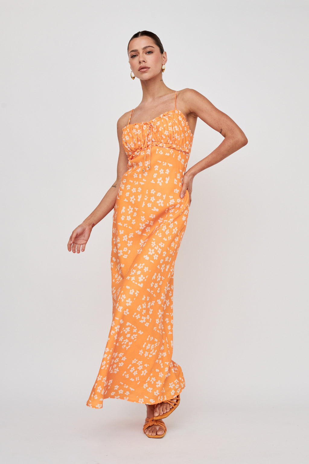 Anja Frill Trim Maxi Dress Print Orange White by Selfie Leslie Australia