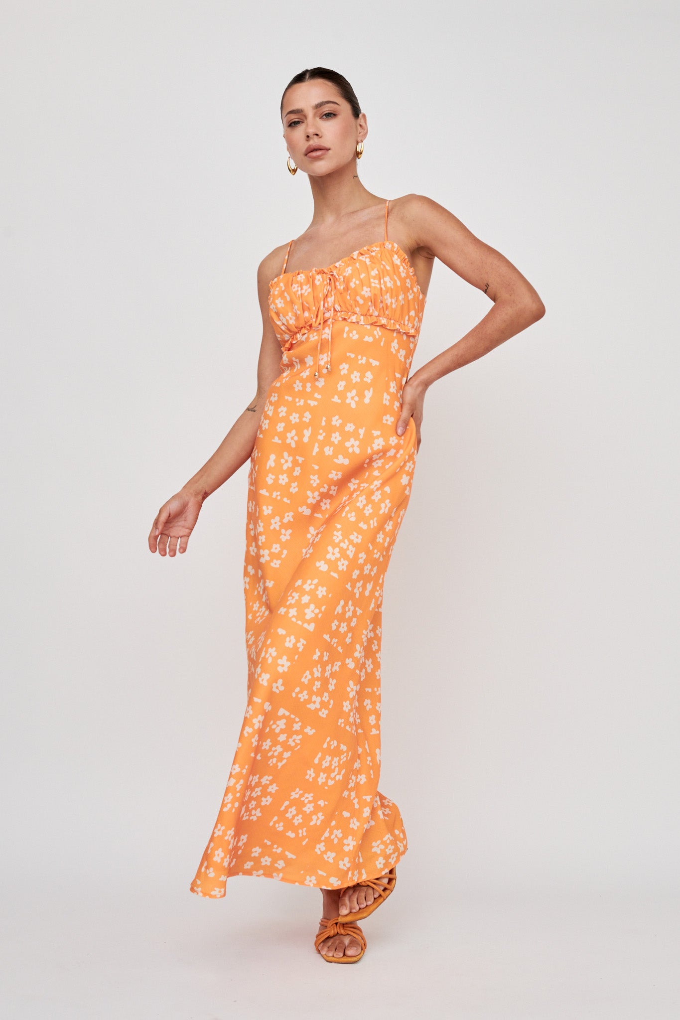 Anja Frill Trim Maxi Dress Print Orange White by Selfie Leslie Australia