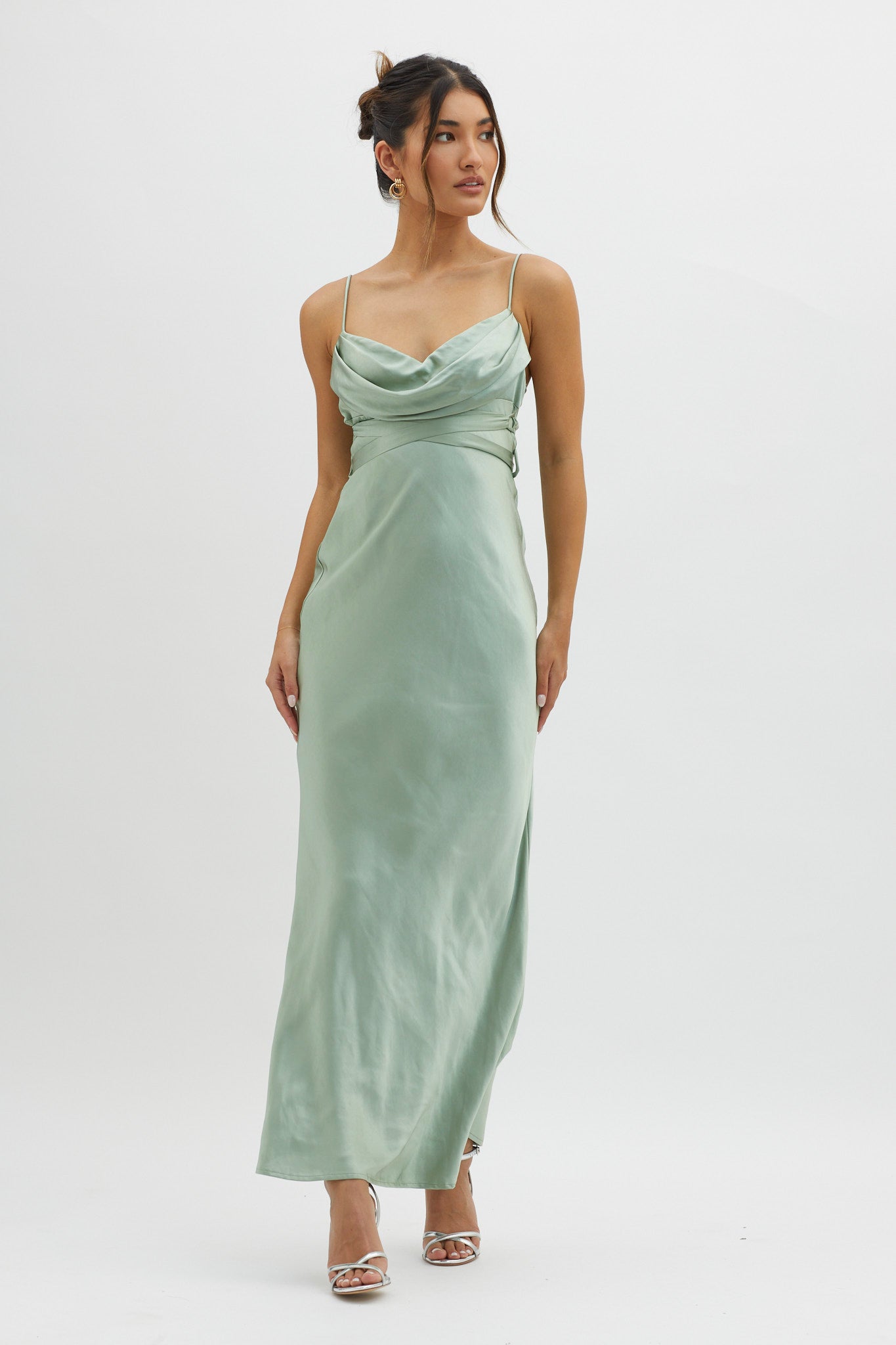Starring Role Cowl Bust Waist Tie Dress Sage by Selfie Leslie Australia