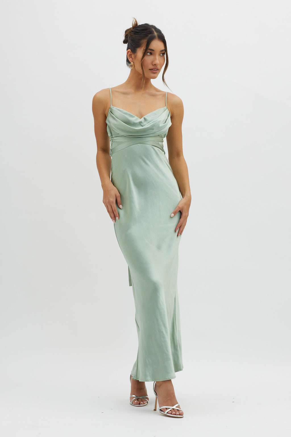 Starring Role Cowl Bust Waist Tie Dress Sage by Selfie Leslie Australia