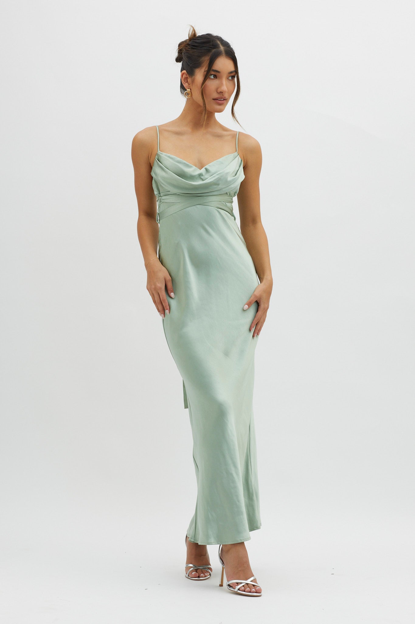 Starring Role Cowl Bust Waist Tie Dress Sage by Selfie Leslie Australia