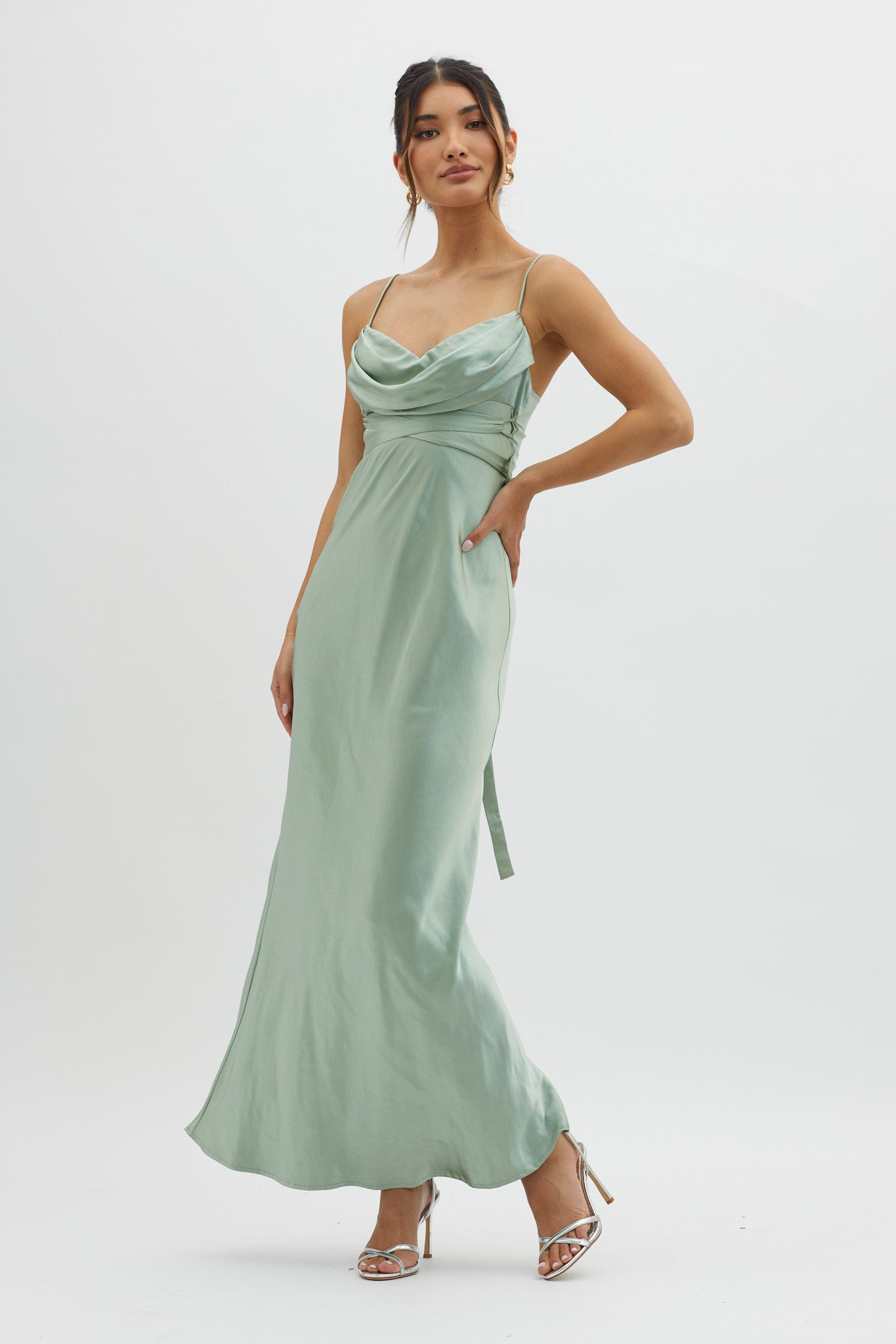 Starring Role Cowl Bust Waist Tie Dress Sage by Selfie Leslie Australia