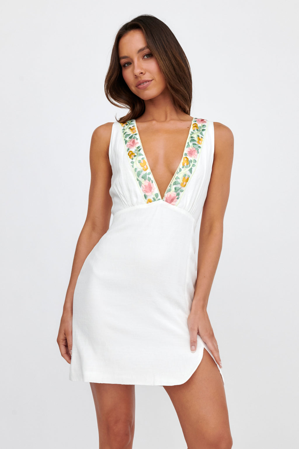 Cozumel V-Neck Embroidered Mini Dress White by Selfie Leslie Australia