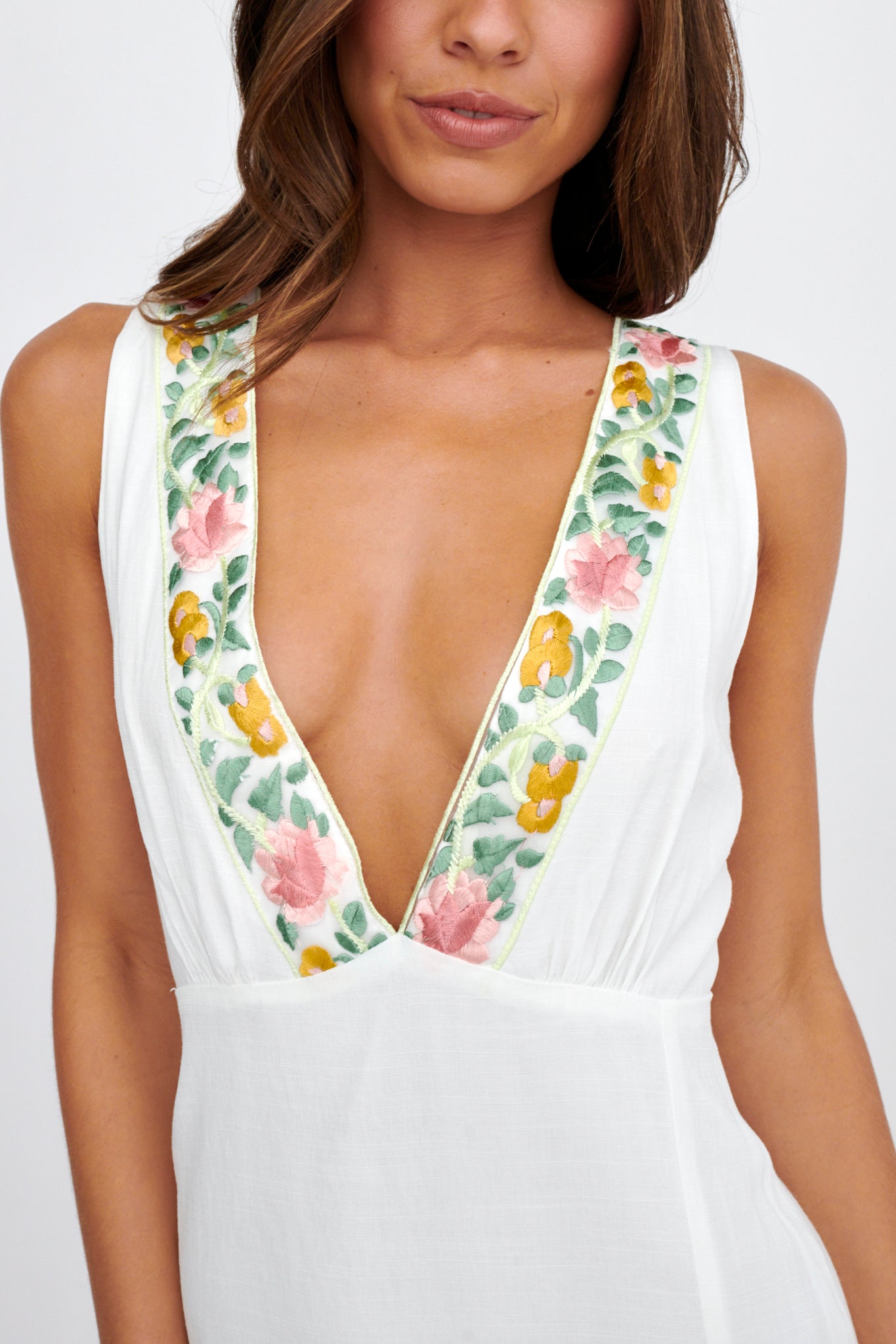 Cozumel V-Neck Embroidered Mini Dress White by Selfie Leslie Australia
